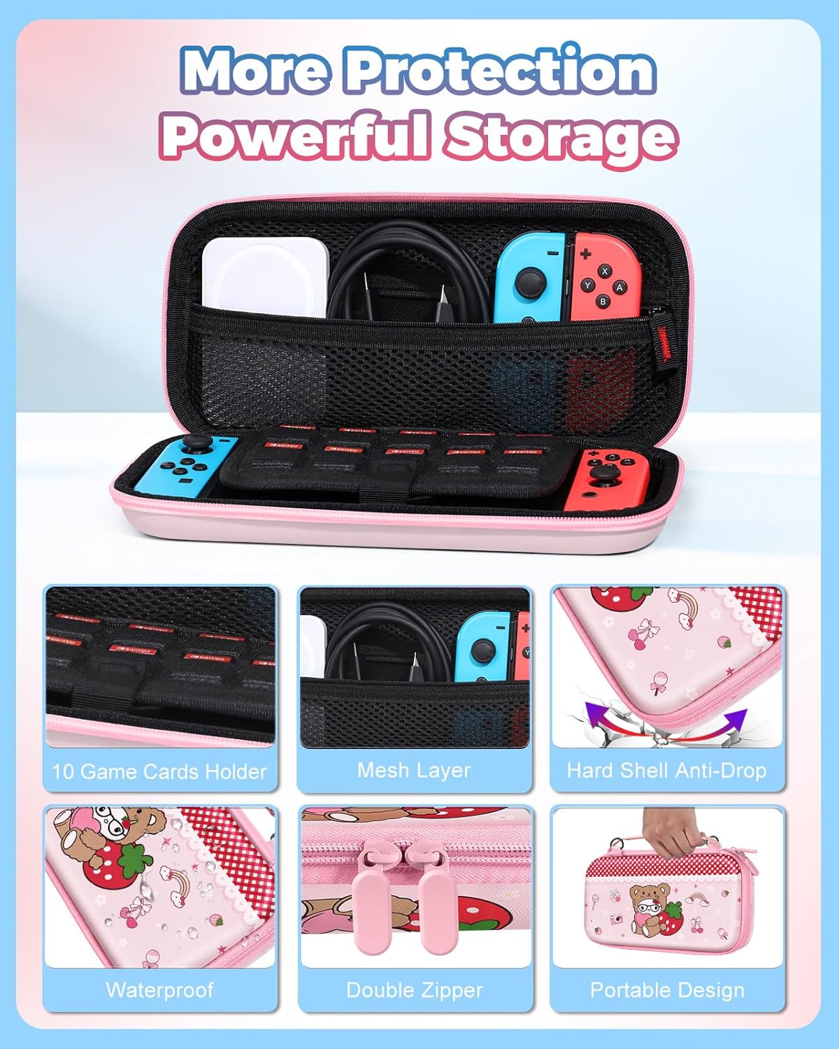 Gurgitat Carrying Case for Nintendo Switch OLED 2021/Switch 1(2017) - Cute Cartoon for Switch Travel Cases with Handle and Strap Portable Storage Carry Hard Shell for Teen Girls Boys, Bear Cat - Image 5