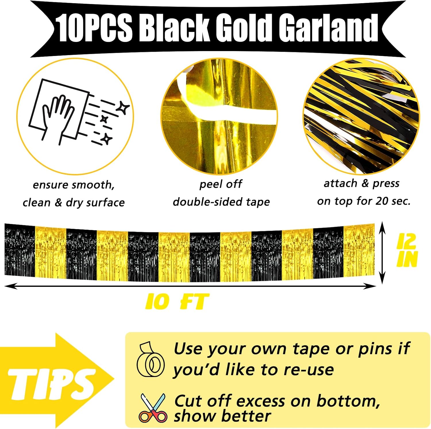10 Pack 10 Feet Foil Fringe Garland Metallic Tassle Banner Wall Hanging Tinsel Streamers Backdrop for Parade Floats, Bachelorette, Wedding, Birthday, Graduation, Carnival Party Decorations(Black Gold)