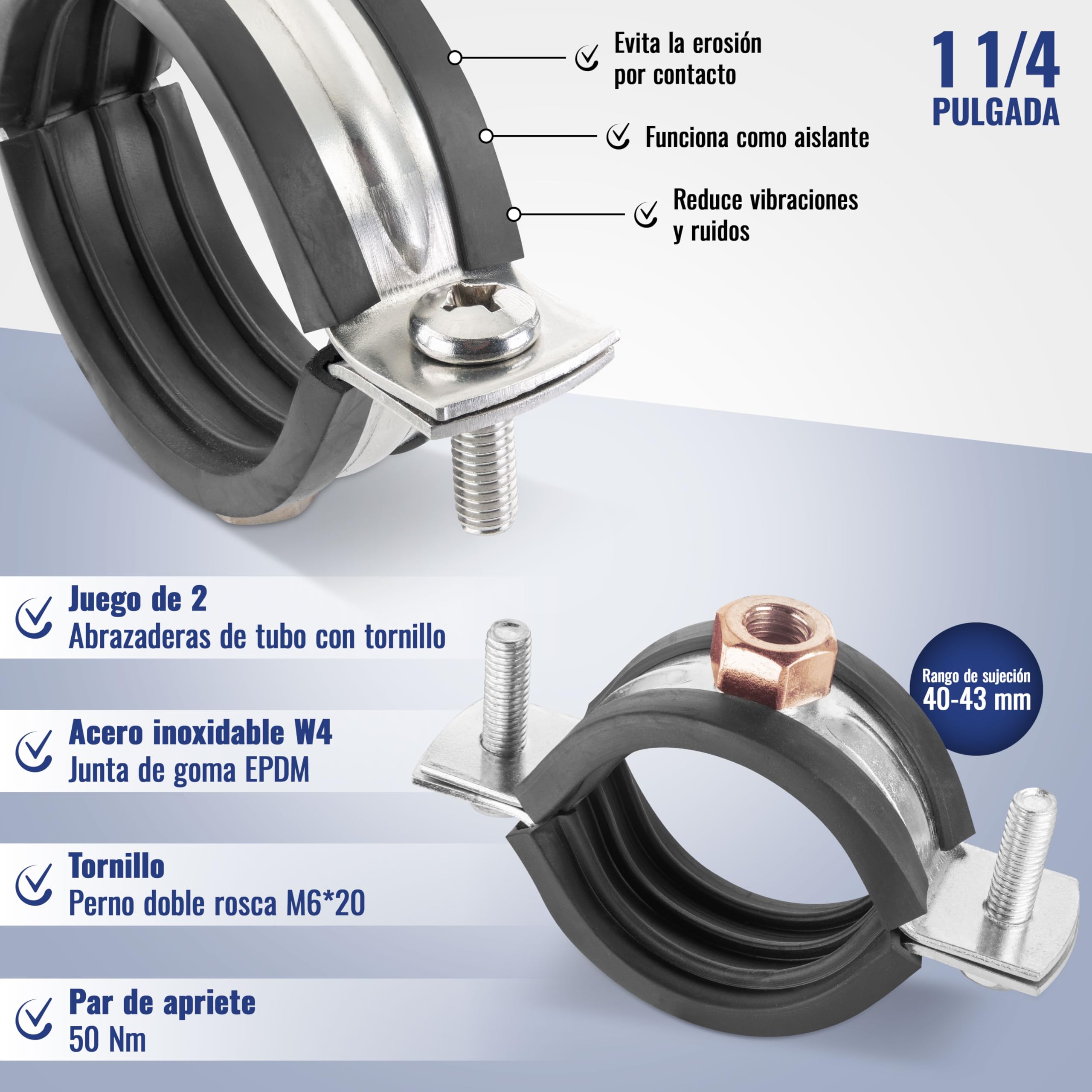 Poppstar 2x Abrazaderas de manguera de acero inoxidable W4 (rango de sujeción 40-43 mm, 1 1/4") con tornillos prisioneros M8*82 y tacos
