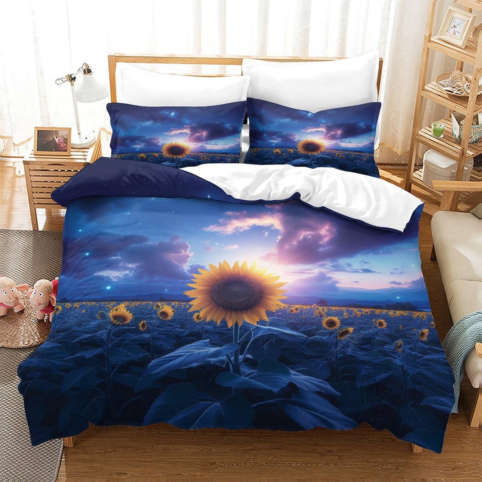 P1S9U7W5Y Artistic Sunflower 3D Printed Duvet Cover Set 3pcs Microfiber Night Sky Bedding Set King（220x240cm）