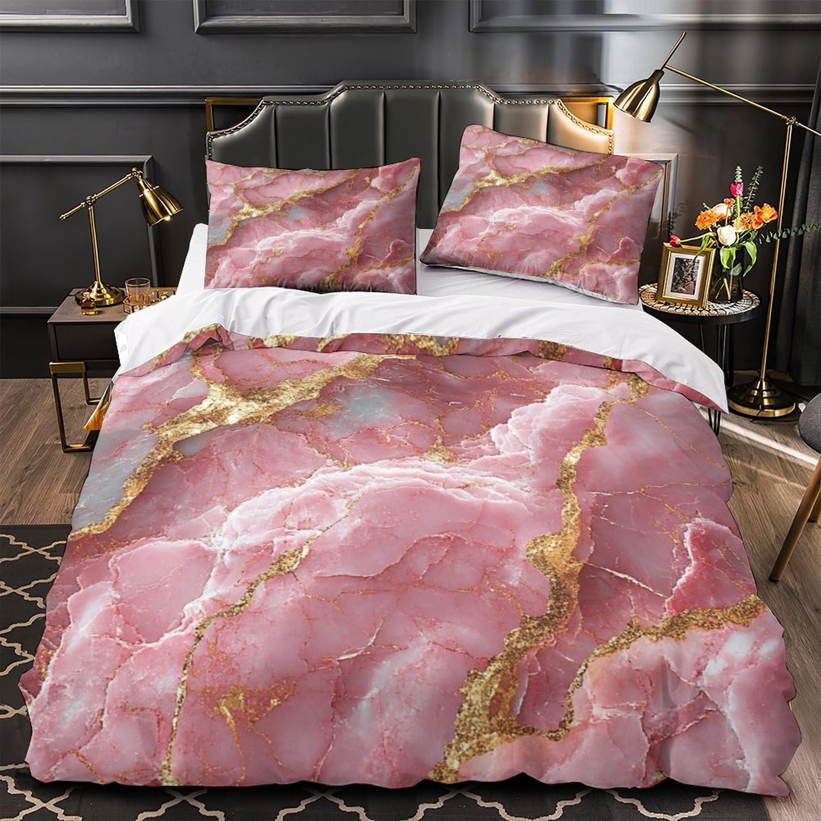 Housse de couette marbre rose 135x200 microfibre pour lit simple