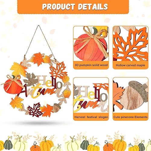 Miniatura 2 de Decoración de otoño para puerta delantera, coronas de otoño de 12 pulgadas para puerta delantera, letrero de madera 3D para puerta de otoño, corona
