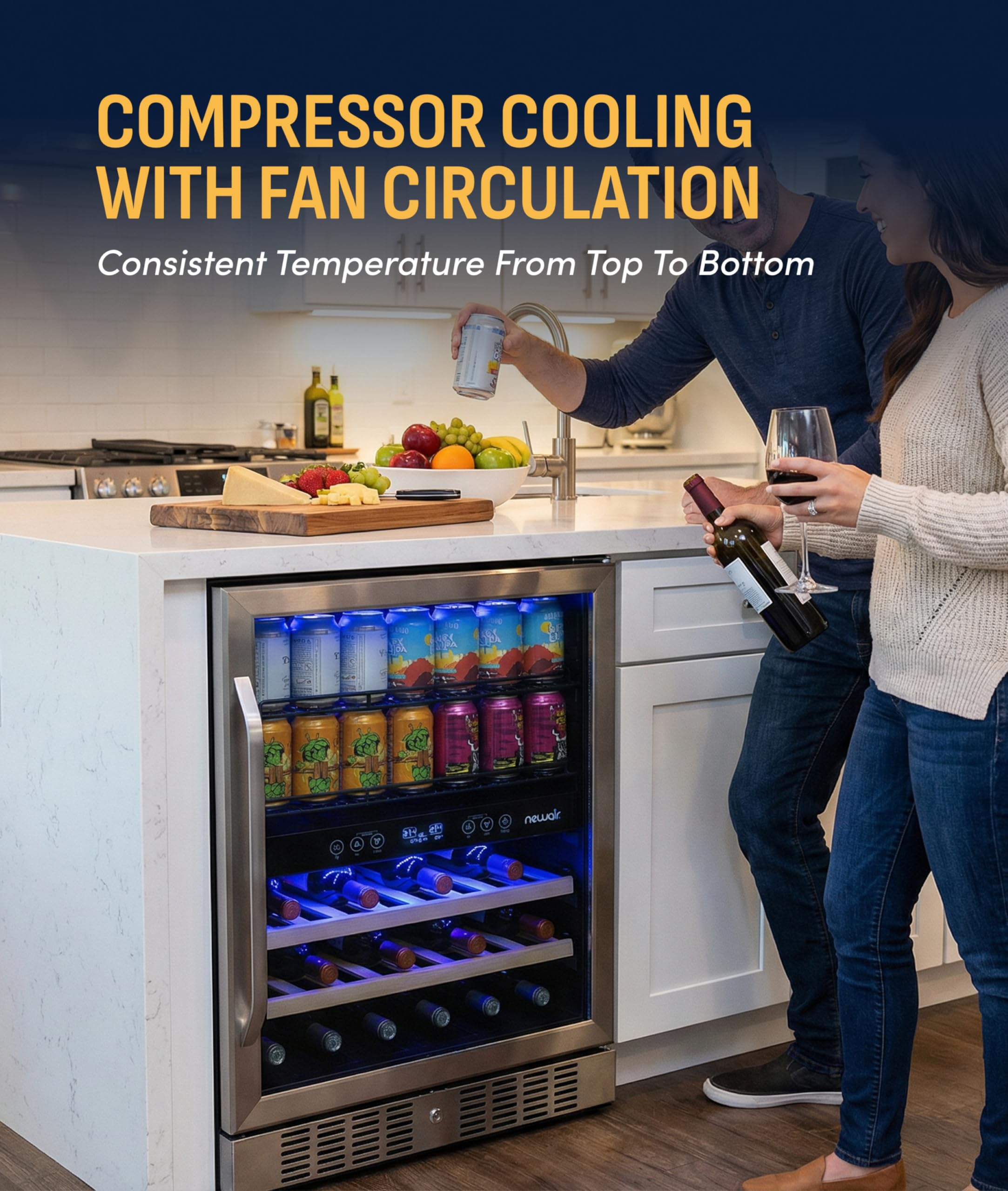 NewAir 24" Dual Zone Beverage Refrigerator & Wine Cooler For 20 Bottles & 70 Cans | Freestanding Or Built-In Under Counter Mini Fridge For Beer, Wine And Soda | Stainless Steel on Fridge.com - View 6