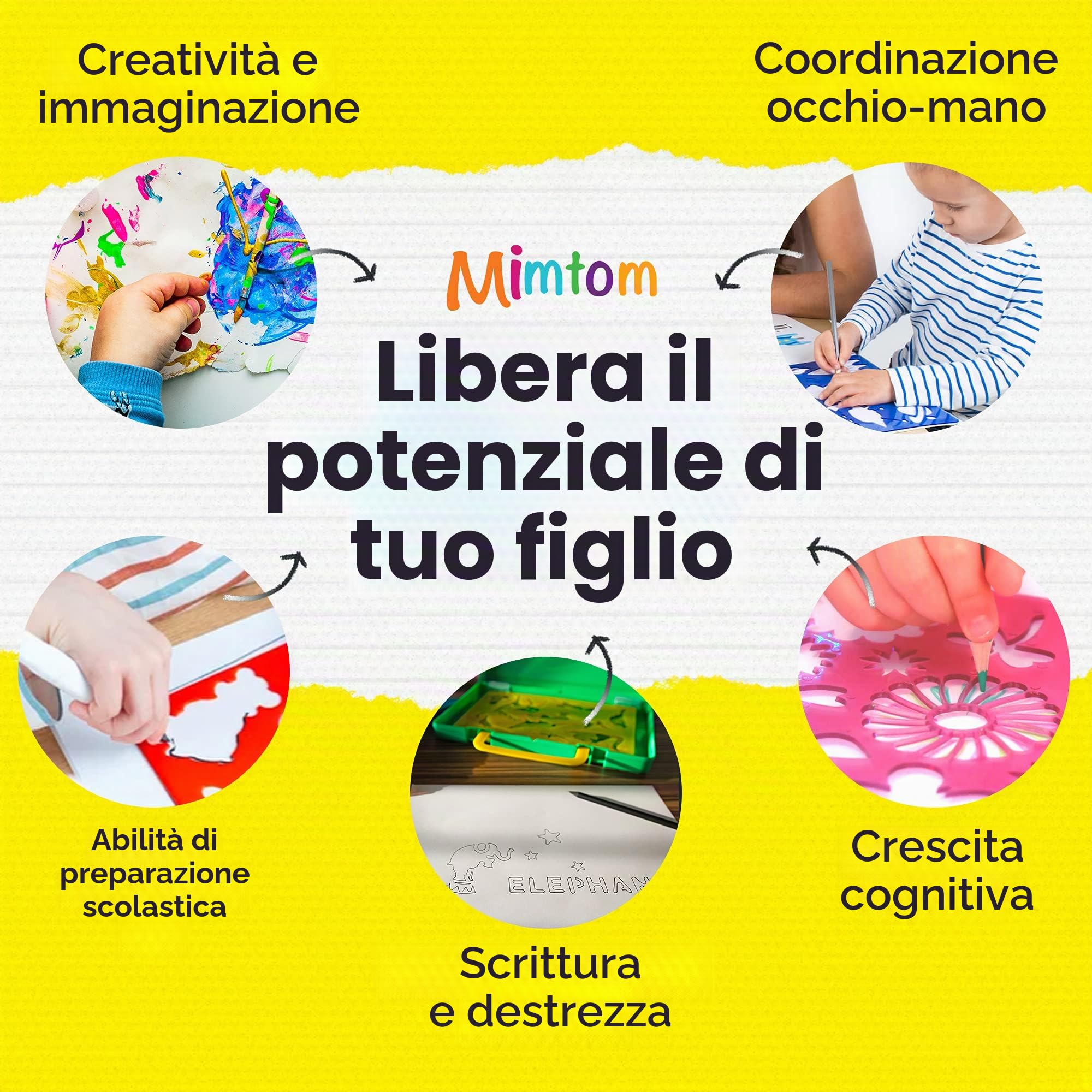 Stencil per Bambini | Set da Disegno con Stencil 58 PZ con più di 370 Forme per Sviluppo creatività | Giocattolo educativo Sicuro per Bimbi e Bimbe +3 Anni – Ottima Idea Regalo