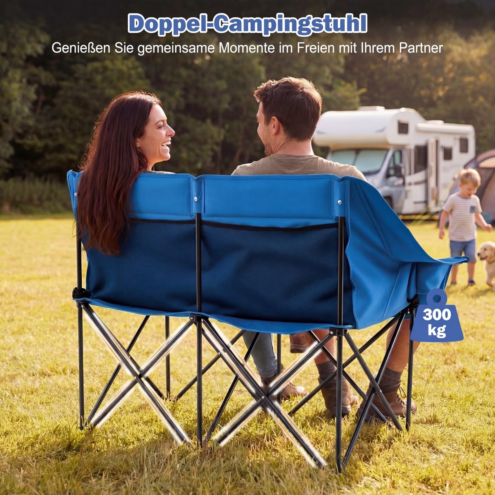 COSTWAY Campingstuhl faltbar für 2 Personen, XXL Campingsofa mit Getränkehaltern, Glashaltern und Netztaschen, 300 kg Tragfähigkeit, gepolsterter Klappstuhl, Faltsofa, Campingcouch