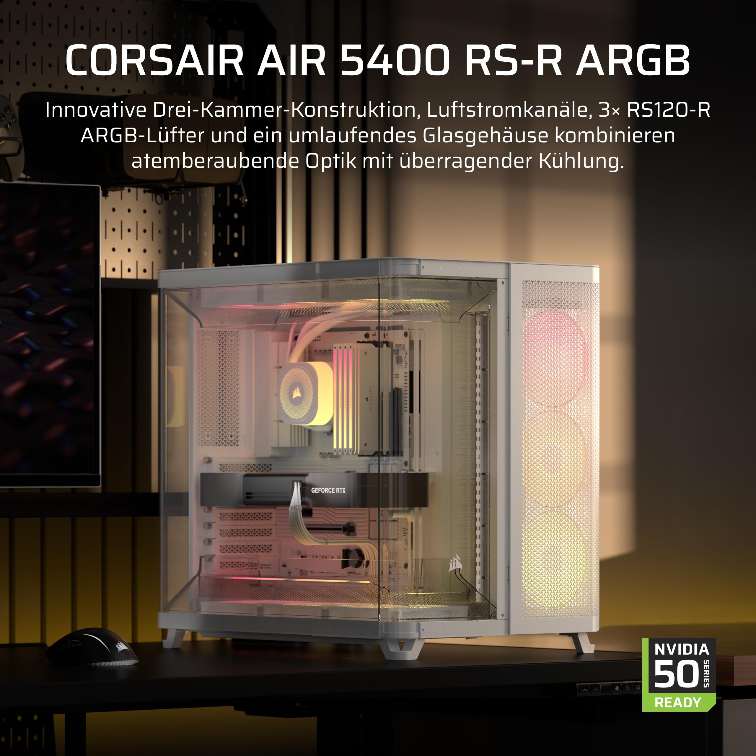 Corsair AIR 5400 RS-R ARGB Dreifach-Kammer-Mid-Tower PC-Gehäuse – Weiß – Bild 2