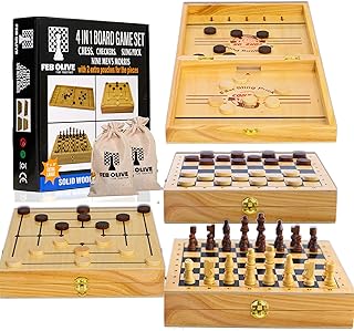 4 in 1 Board Game Set - Extra Large Sling Puck Game Wooden Chess Board Sets, Checkers Board Game for Adults Nine Mens Morris | Wooden Chess Set String Puck Game & Checkers Game for Kids