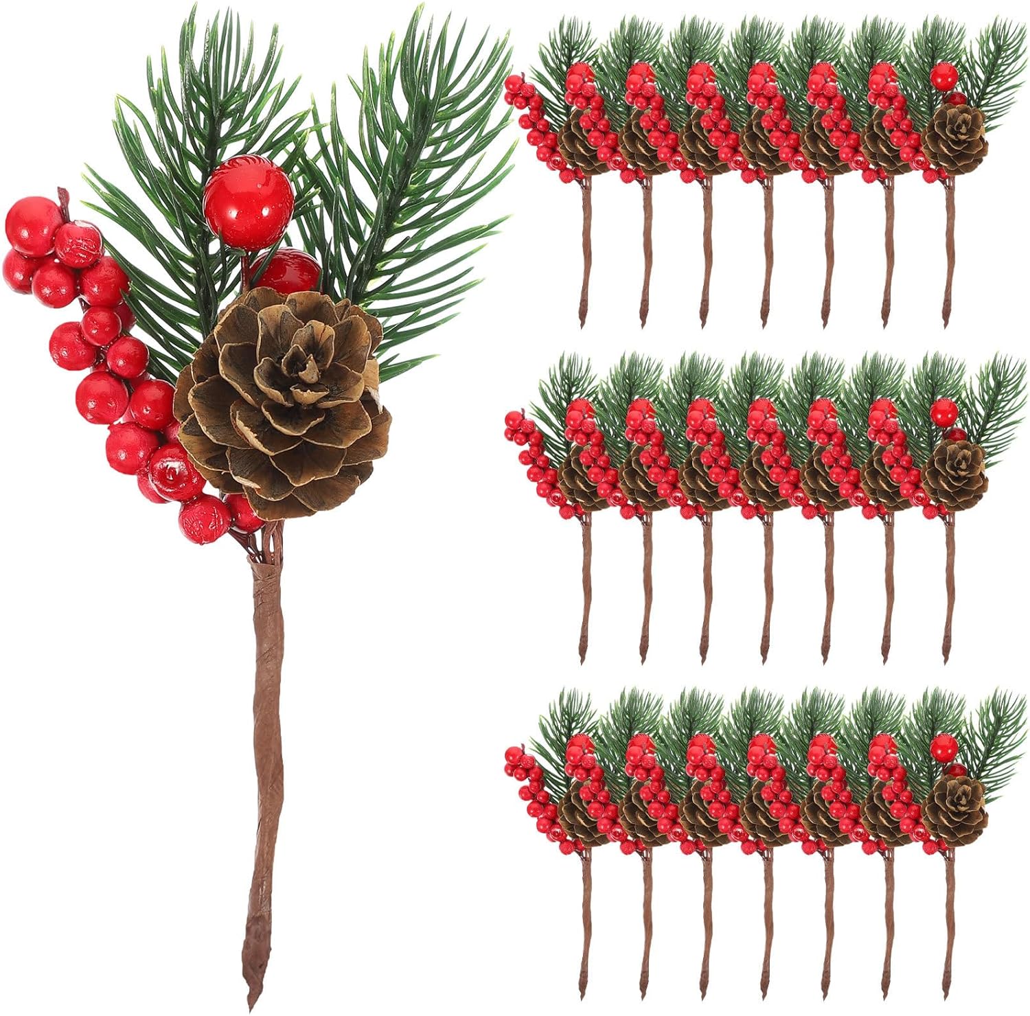 Homoyoyo 10pcs Christmas Pine Cone Red Berry Picks Stems DIY Fake Berries Pinecones Branches for Crafts XmasTree Garland Holiday Wreath
