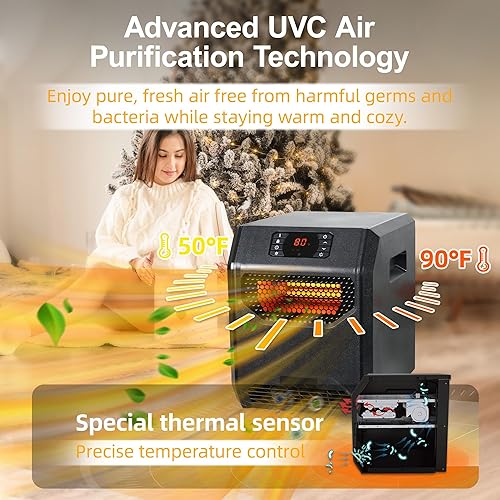 Miniatura 3 de Calentador de espacio infrarrojo eléctrico portátil para uso en interiores RealSmart 1500W UVC purificación de aire 3 modos de calefacción, pantalla