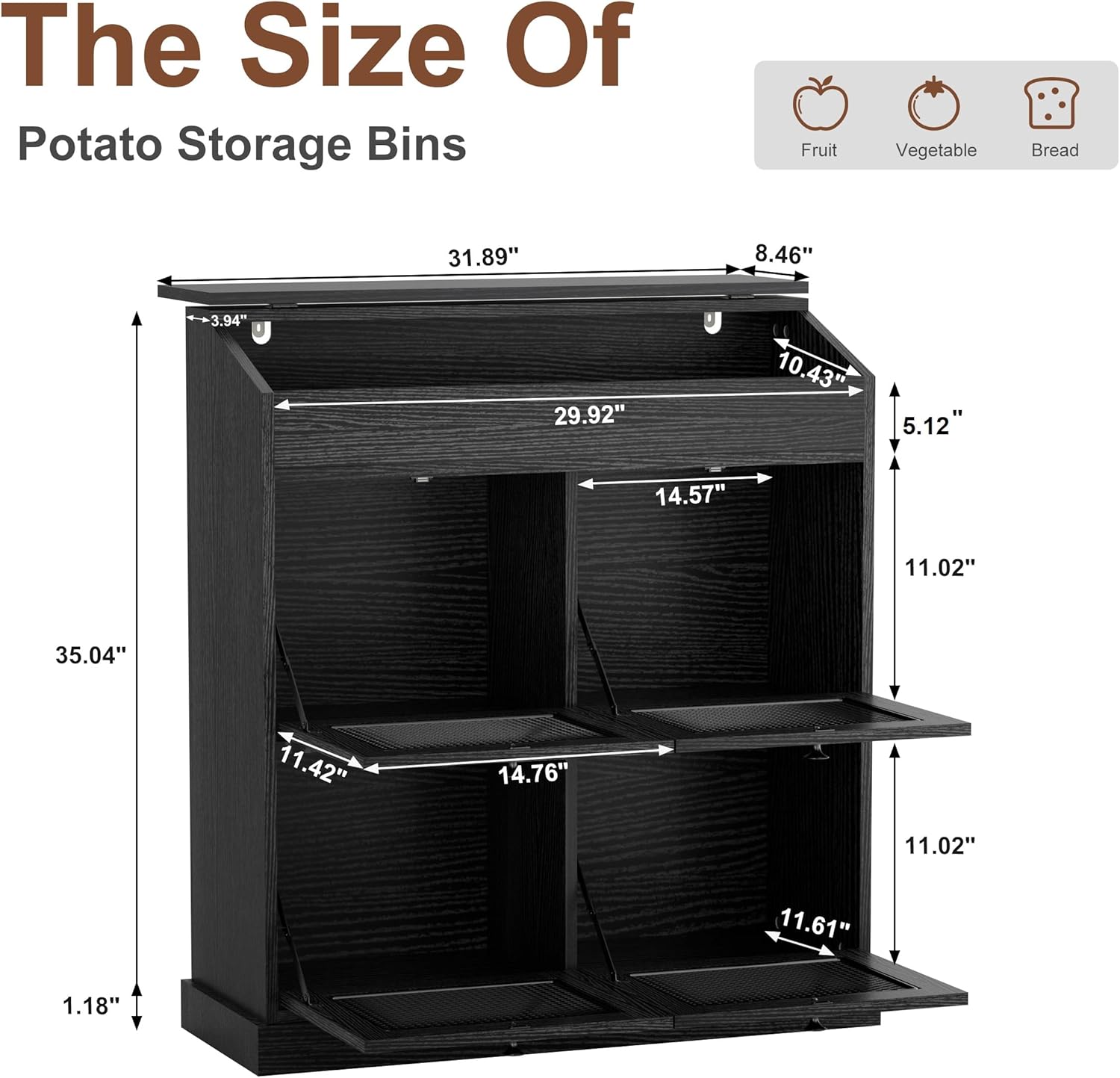 ONG Large Potato Storage Wood Bin, Wooden Bread Storage Bins, Decorative Potato and Onion Storage Bin with 4 Doors, Potato Bin with Grocery Section, Wooden Vegetable Storage Box with Lid,Black