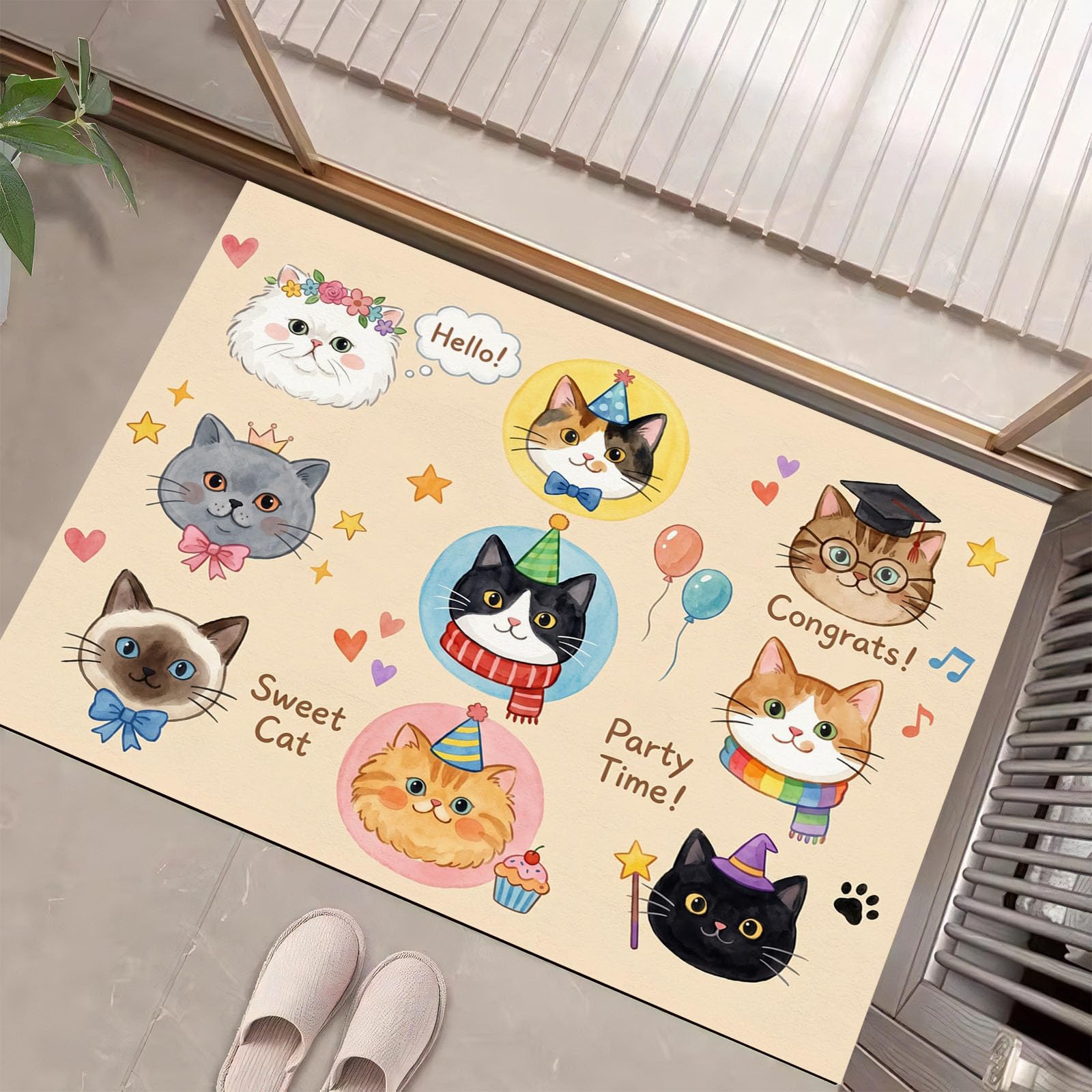 Felpudo Entrada Casa Gato Fiestero 80x120cm | Alfombra de Puerta Cara De Gato De Dibujos Animados, Felpudo de Bienvenida, Antideslizante, Alfombra Decorativa de Perfil bajo para Pasillo y Sala