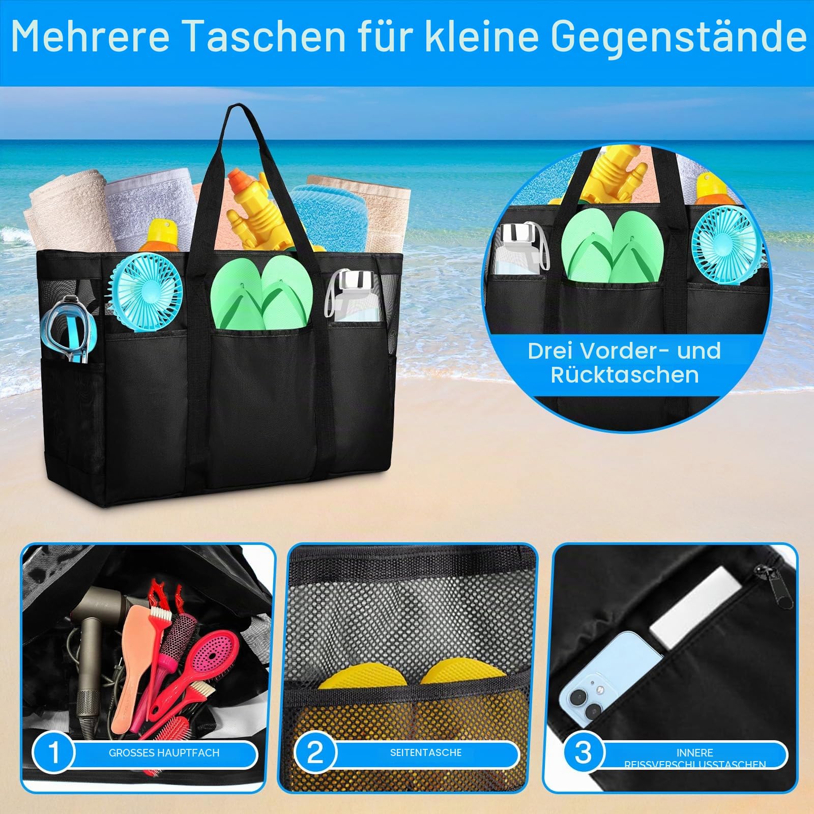 Strandtasche XXL Familie,Strandtasche Damen mit Reißverschluss,Strand Tasche Beach Bag Faltbare für Strand Pool Fitnessstudio Reisen,Vielseitiger - Schwarz