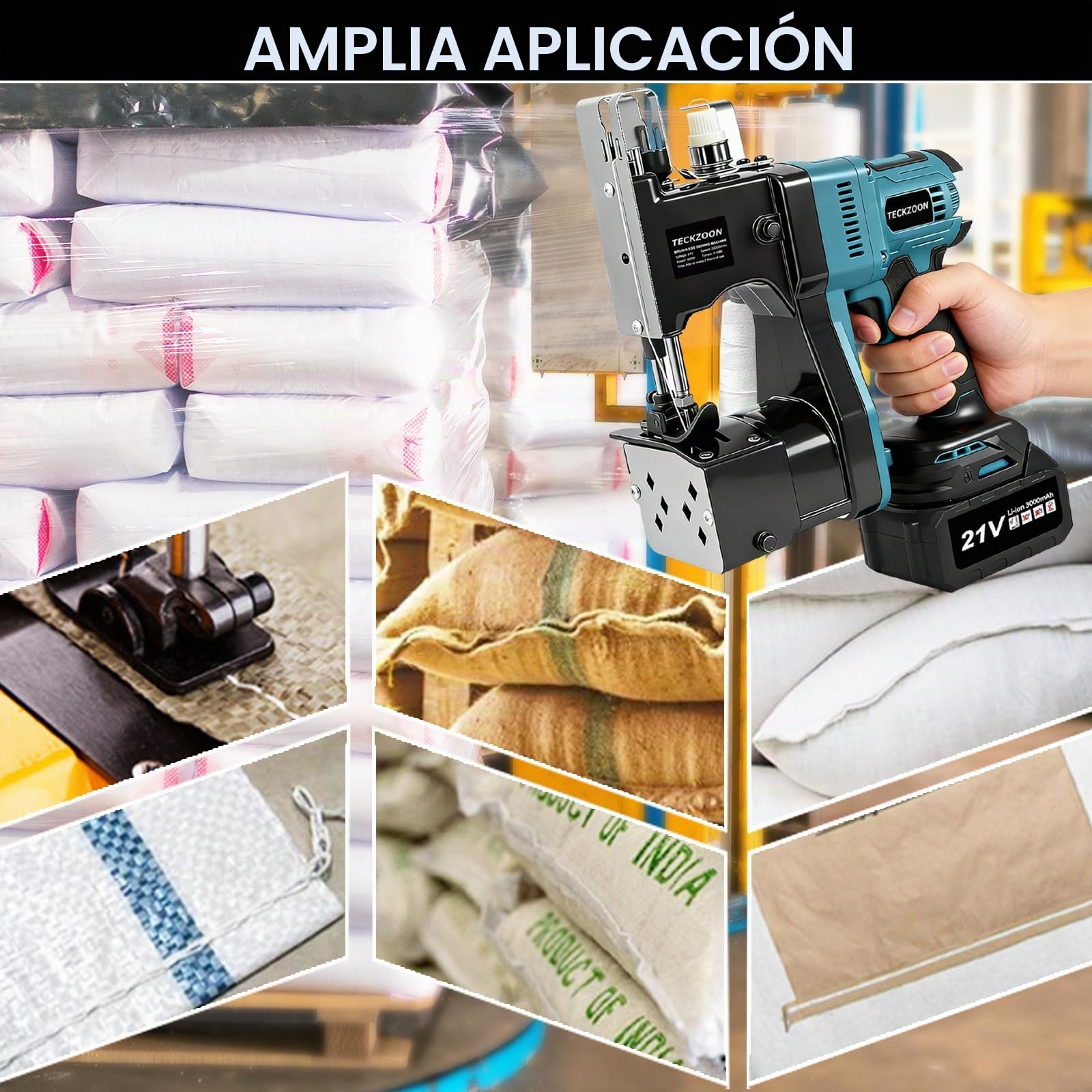 Máquina de Coser Bolsas Eléctrica, Máquina de Coser Portátil con 2 Baterías, Cosedora de Sacos Eléctrica para Bolsas de Tela, Yute y Papel Kraft, Longitud de Puntada: 7-11mm