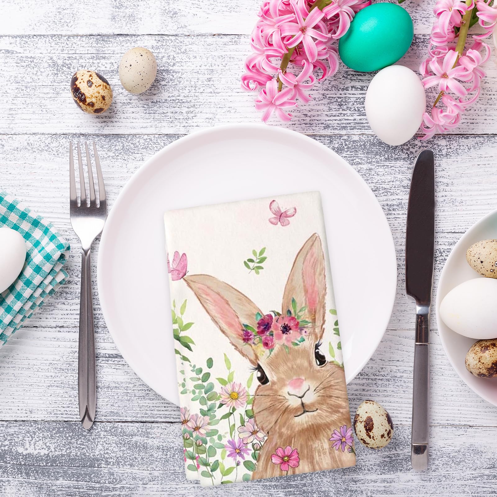 Asciugamani Decorativi Pasquali Set Da 2 - 40x60 Cm, Tovaglioli Con Coniglietto, Quadri Blu, Perfetti Per Cucina E Bagno