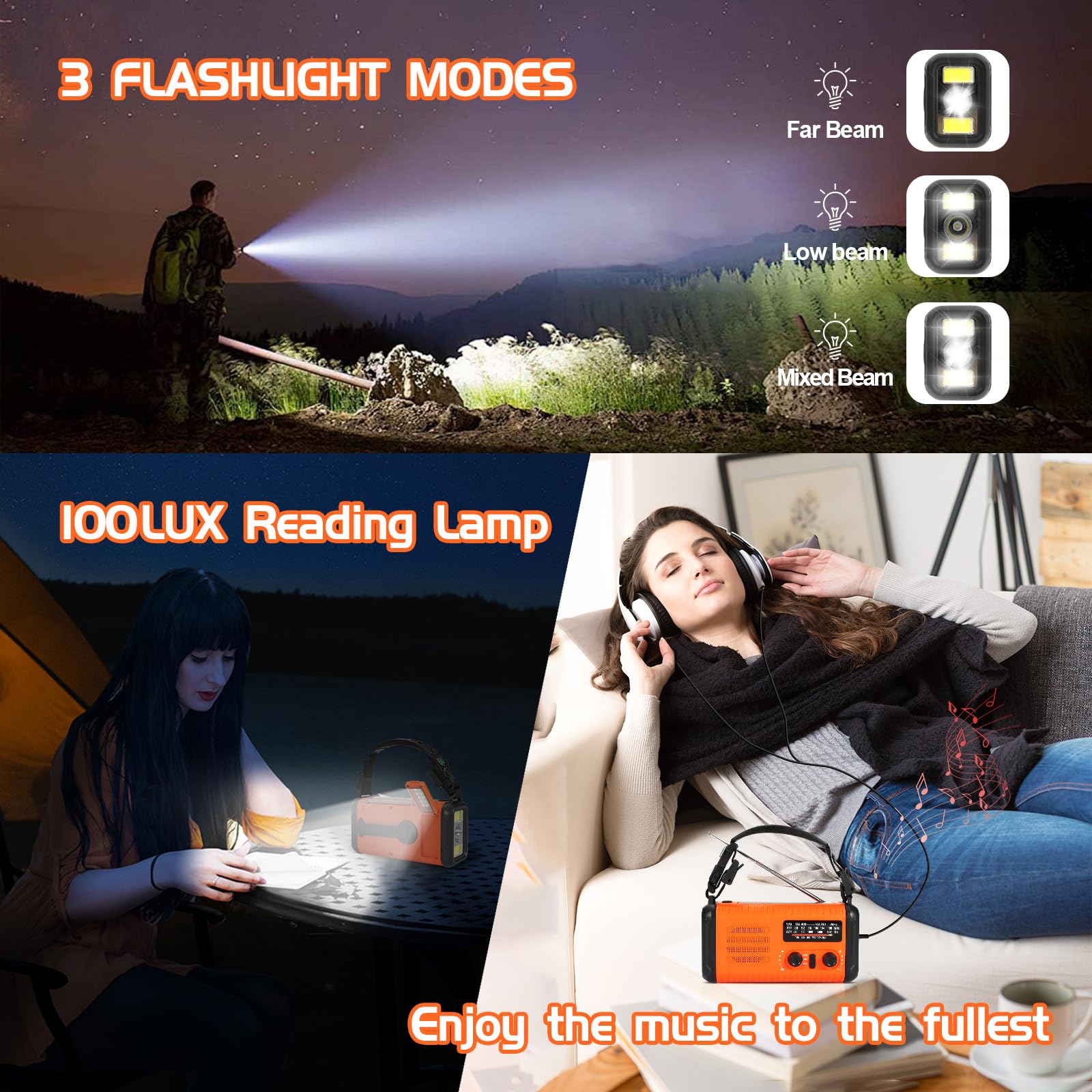 Radio météo d'urgence, radio solaire 20 000 mAh, radio à manivelle avec AM/FM/NOAA, radios portables avec lampe de poche et lampe de lecture, prise casque, alarme SOS, chargeur de téléphone pour les