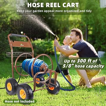 WERMAH Upgrade Hose Reel Cart, Garden Hose Cart 4 Wheels, Holds 300ft 5/8