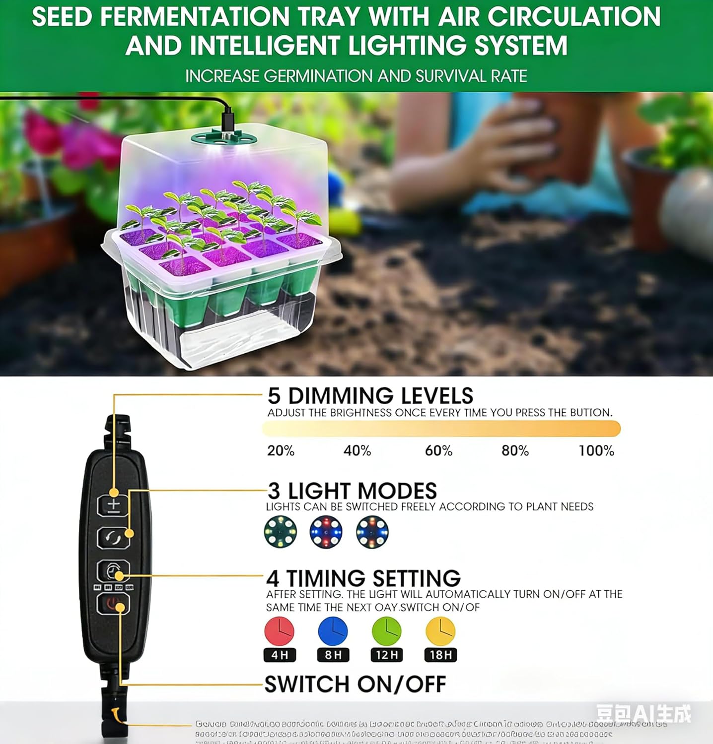 MYMULIKE Seed Starter Tray with Grow Light,5 Pack 60 Cells Seedling Tray Kit Reusable & Dishwasher Safe for Starting Vegetable, Flower & Herb Seeds Indoor Grow Kit for Deep-Rooted Seedlings