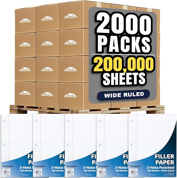 Trail Maker Bulk Loose Leaf Paper,Wide Ruled 8 x 10.5, 3-Hole Punched Filler Paper for 3-Ring Binders