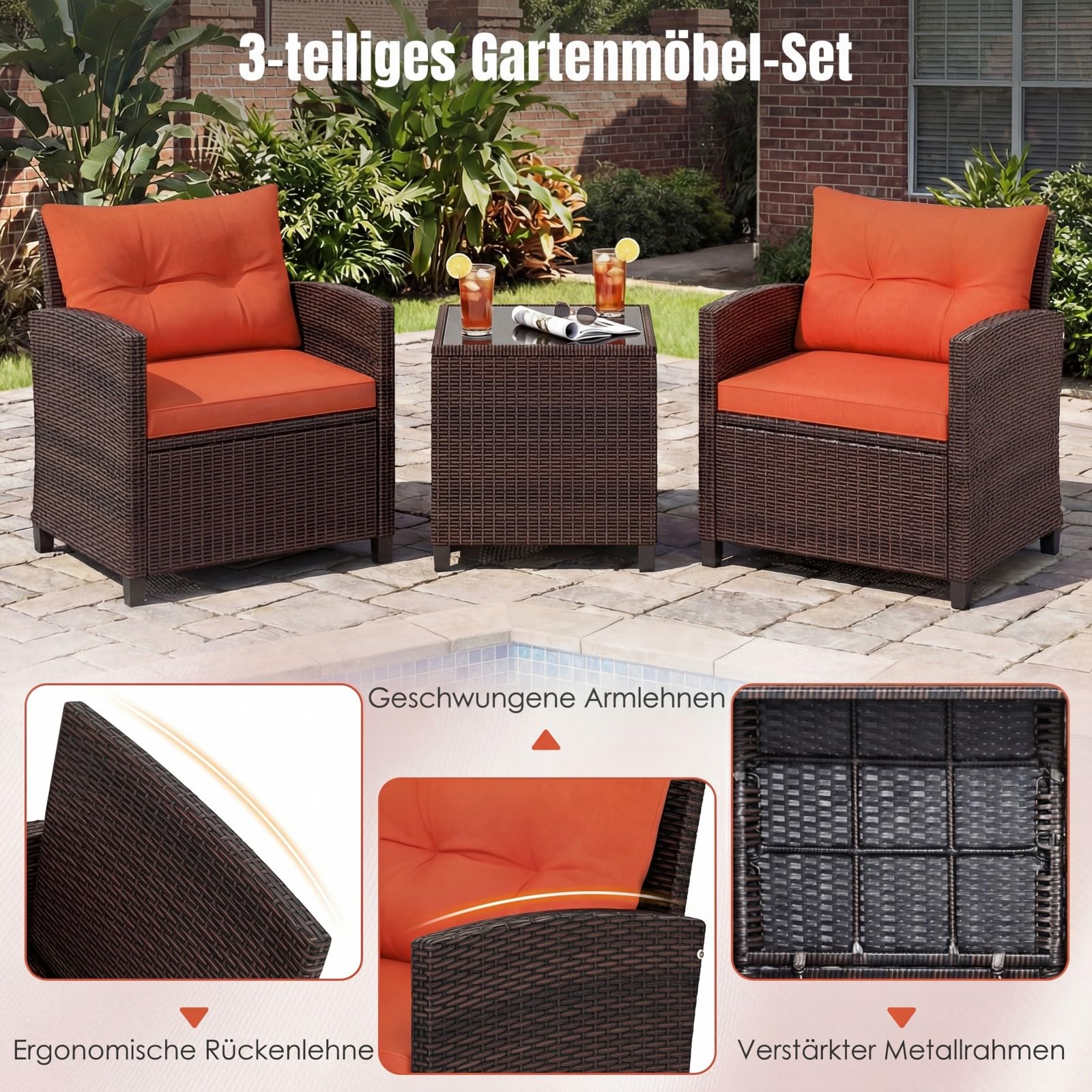 COSTWAY Rattan Gartenmöbel Set, 3-TLG. Balkonmöbel inkl. 2 Sessel, Kissen & Tisch mit gehärteter Glasplatte, Balkon Möbel klein, Wetterfeste Sitzgruppe 2 Personen (Orange)