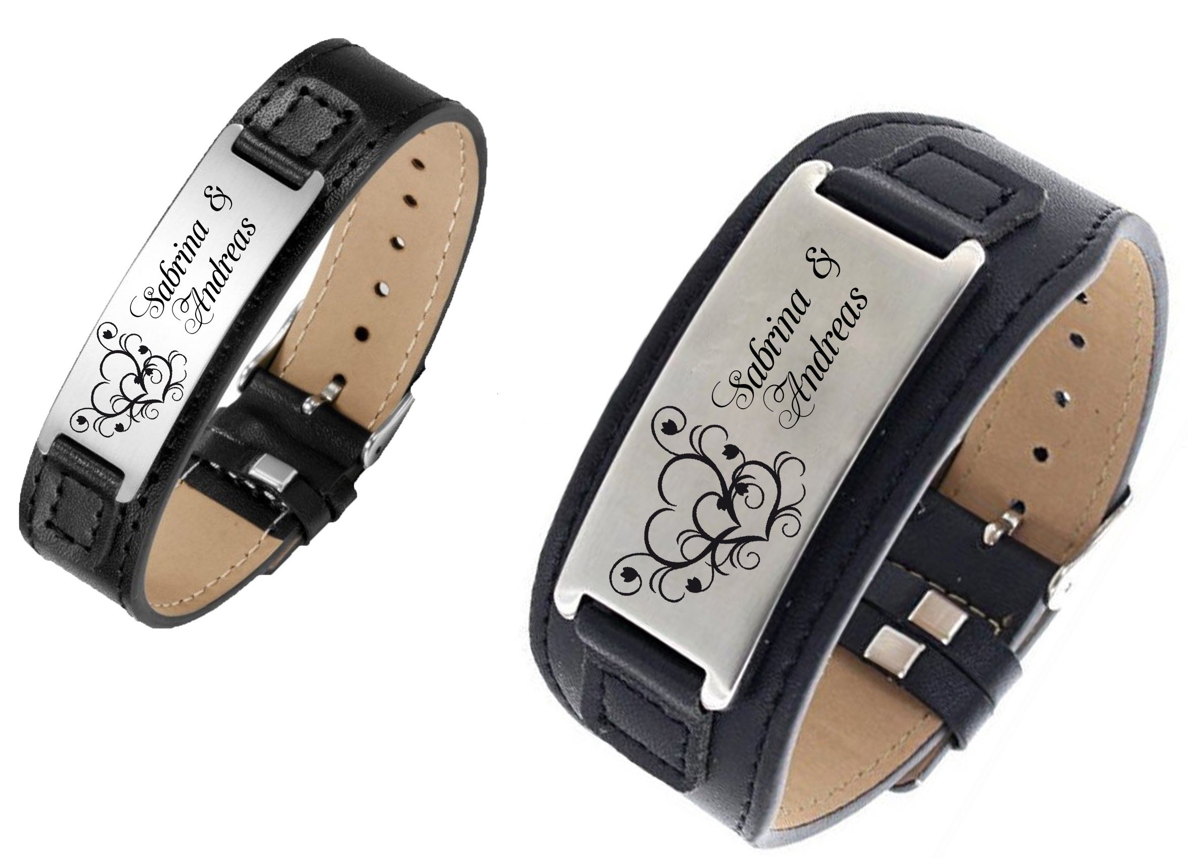 ID Leder Partnerarmbänder mit Edelstahlplatte mit Gravur nach Wunsch Zwei Farben schwarz/braun