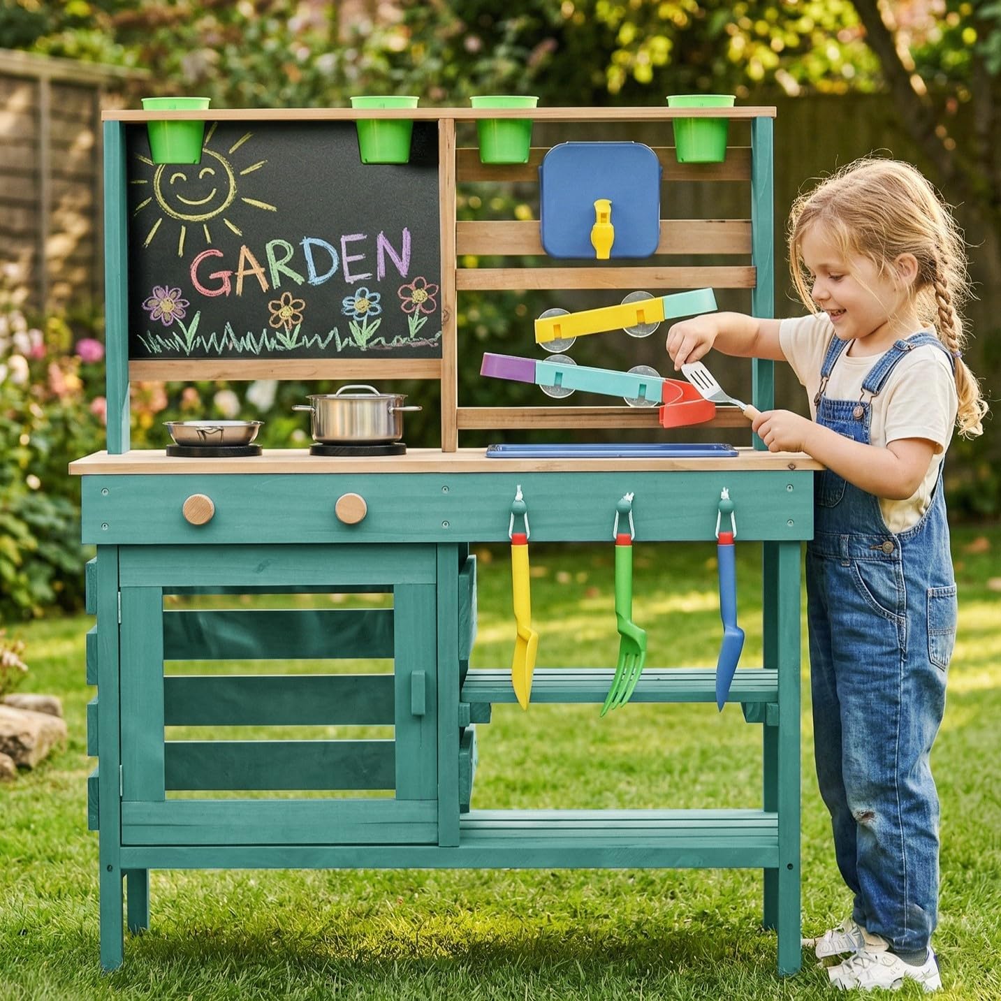 Wooden Outdoor Mud Kitchen for Kids, Pretend Play Kitchen Playset with Removable Sink, Faucet, Stove Top, Planting Area & Cooking Accessories, Toddler Gift for Boys Girls Ages 3+ (Green)