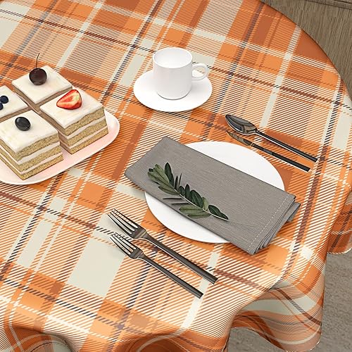 Miniatura 5 de Kawani Mantel redondo de otoño naranja de 60 pulgadas, mantel de cuadros de búfalo de Acción de Gracias, decoración de otoño a cuadros, funda de