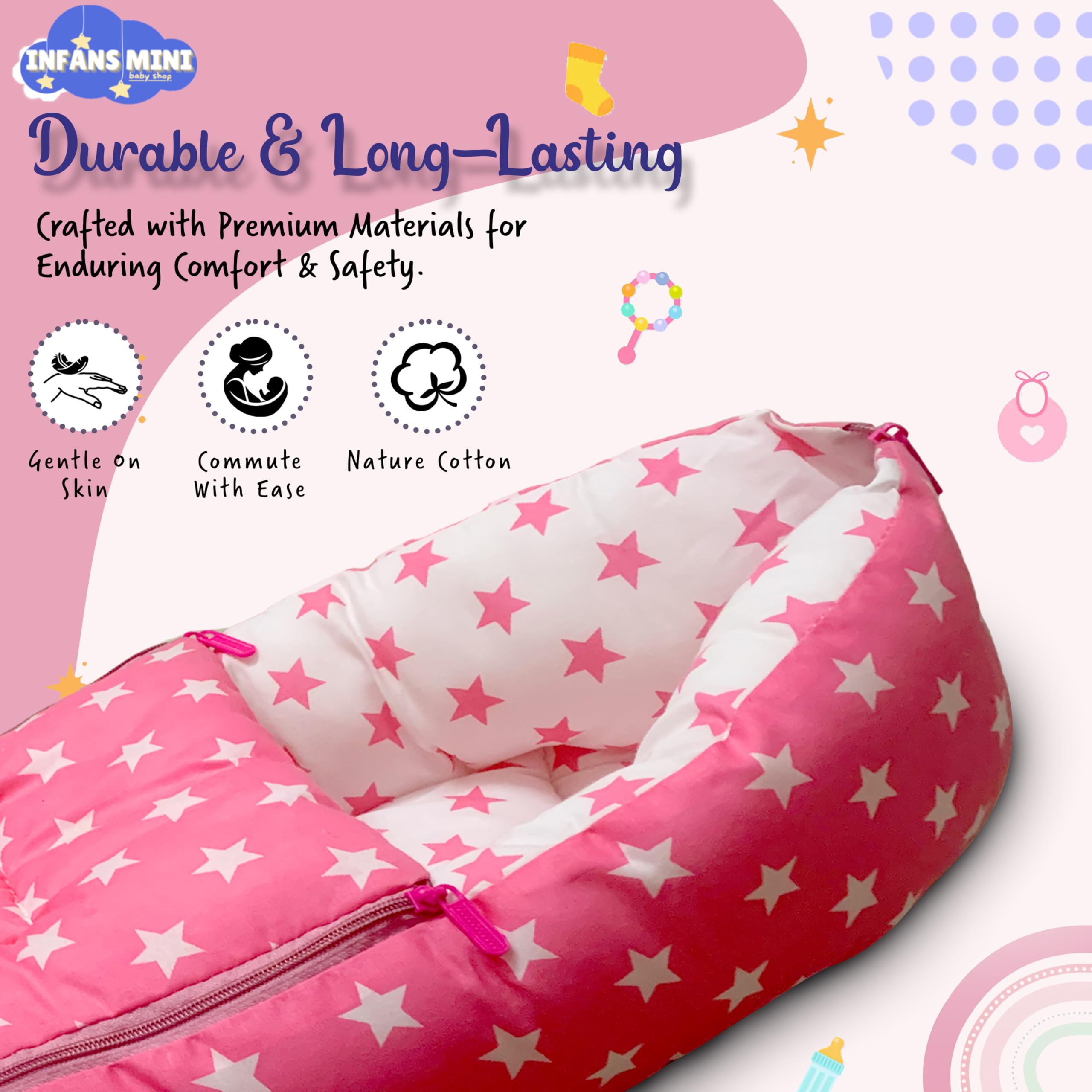 Infans Mini Cotton Baby Bedding Set for New Born Baby Sleeping Bag, Mosquito Net Bed Suitable Upto 6 Months Babies (Star Pink), 500 TC 2