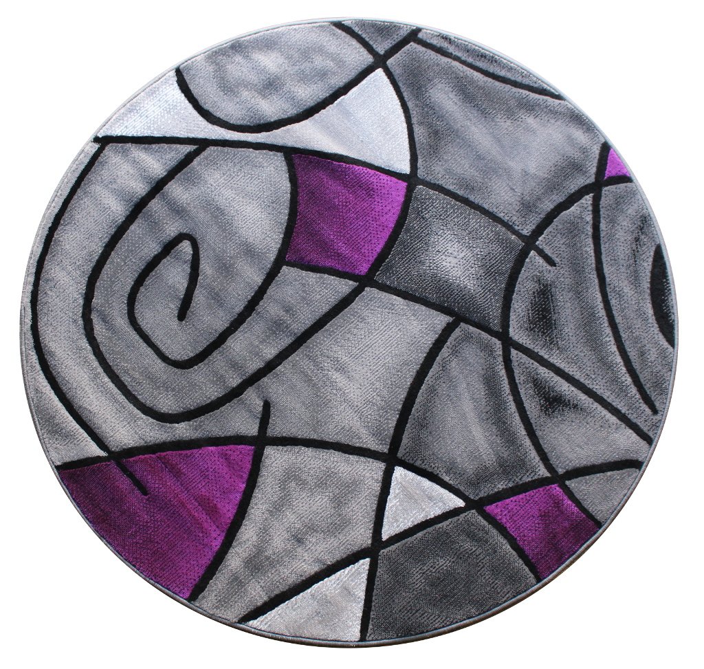 Masada Rugs, Modern Contemporary Round Area Rug, Purple Grey Black (5 Feet X 5 Feet) Round