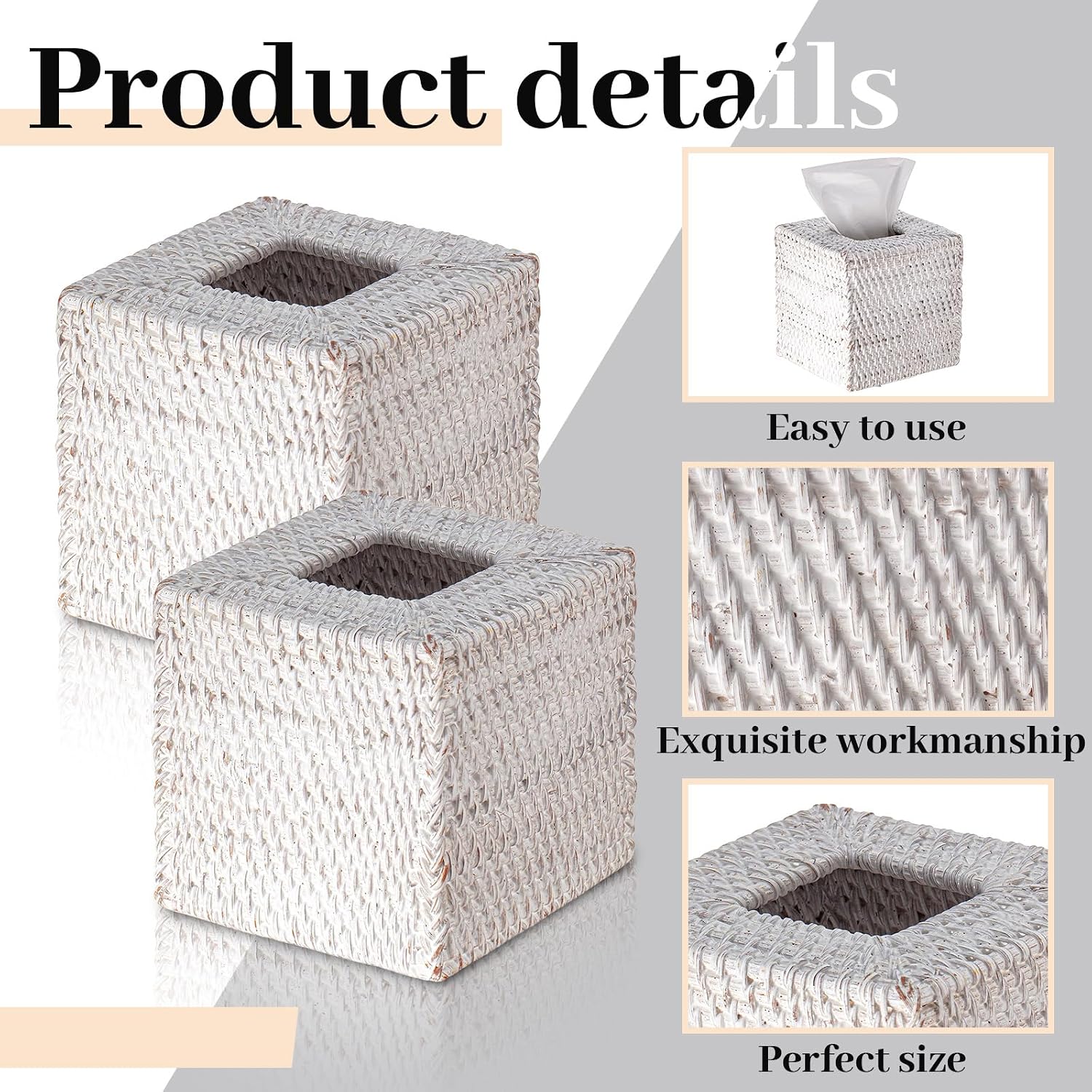 Kigley 2 Pcs Square Rattan Tissue Box Cover Boho Wicker Tissue Cube Box Cover 5.5'' x 5.5'' x 5.5'' Decorative Natural Wicker Hand Woven Napkin Box Holder Bathroom Office Car Accessories (White)