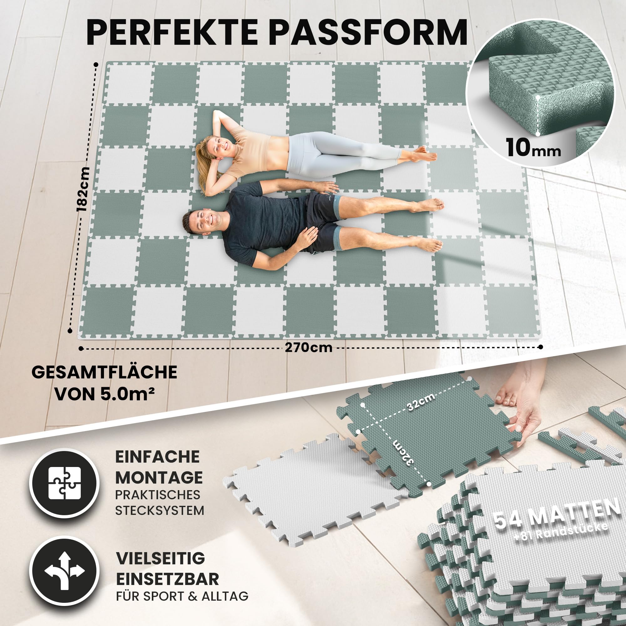 bemaxx Bodenschutzmatte Spielmatte Turnmatte Fallschutzmatte Schaumstoffmatte Yogamatte Gymnastikmatte Sportmatte Fitnessmatte Trainingsmatte Poolmatte Bodenmatte - 54 Puzzlematten, Sage Grey Duo