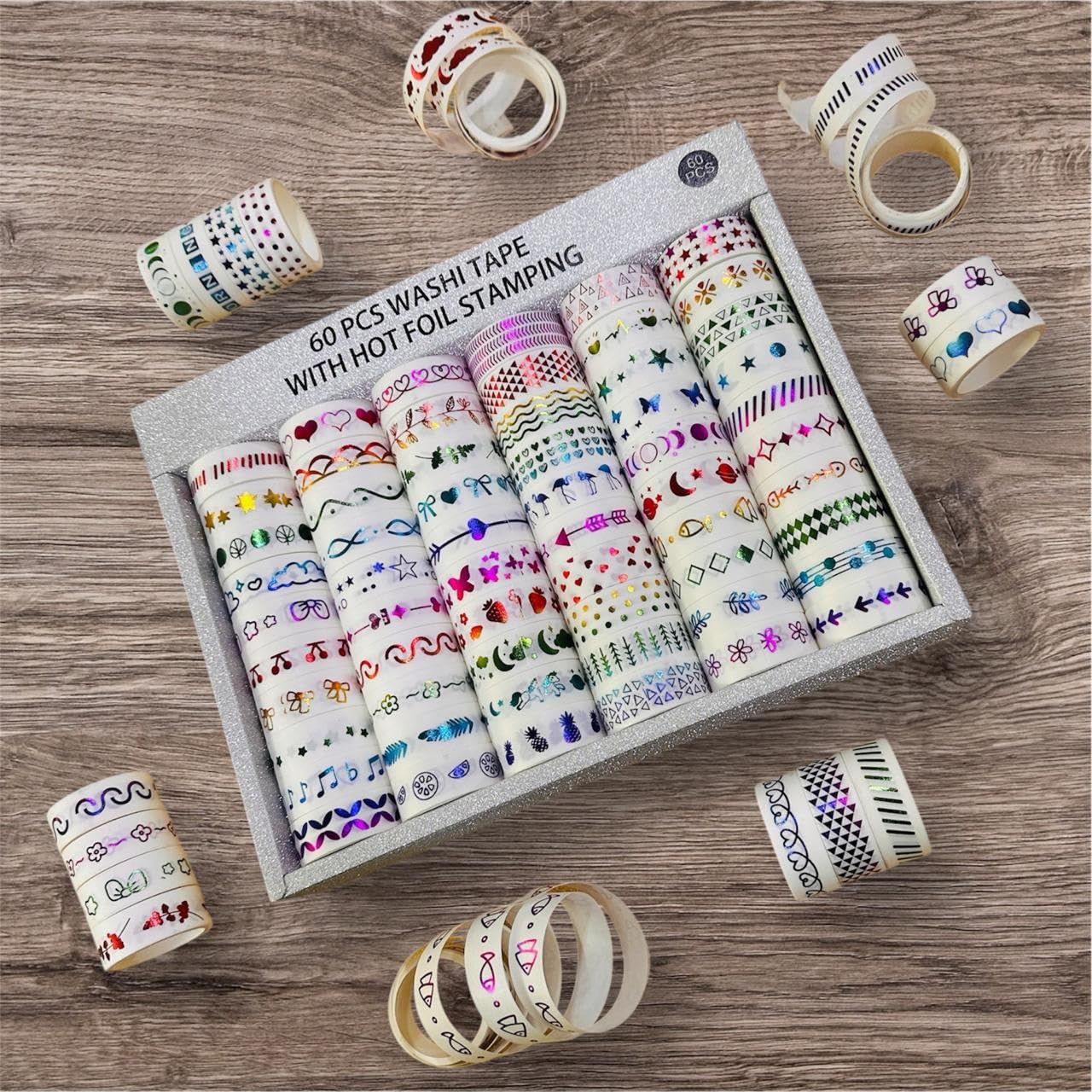 Crafty Cuddle Decorative Washi Tape Set – Hot Stamping Design, Hearts & Flamingo Prints, Multi-Pattern(Pack of 10)-image-24