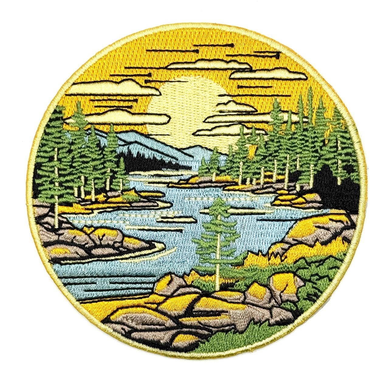 Nature Landscape Patch – River, Rock, Sunset, Mountains, Trees, and Forest Embroidered Scenic Applique for Jackets, Backpacks, Hats, Bags, and DIY