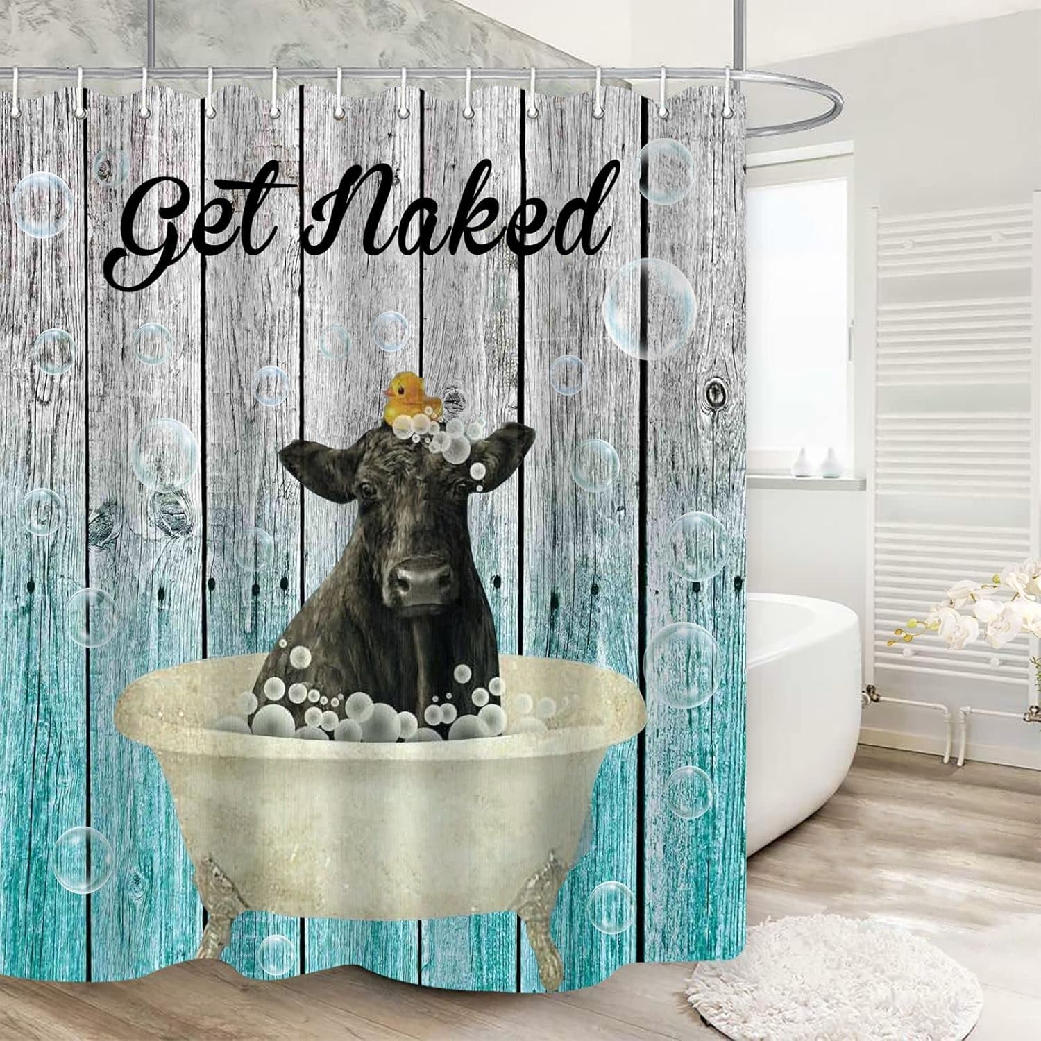 GOOESING Funny Get Naked Cow Shower Curtain for Bathroom Decor Rustic Wood Panels Farmhouse Shower Curtains Set with 12 Hooks 72x72 Inches