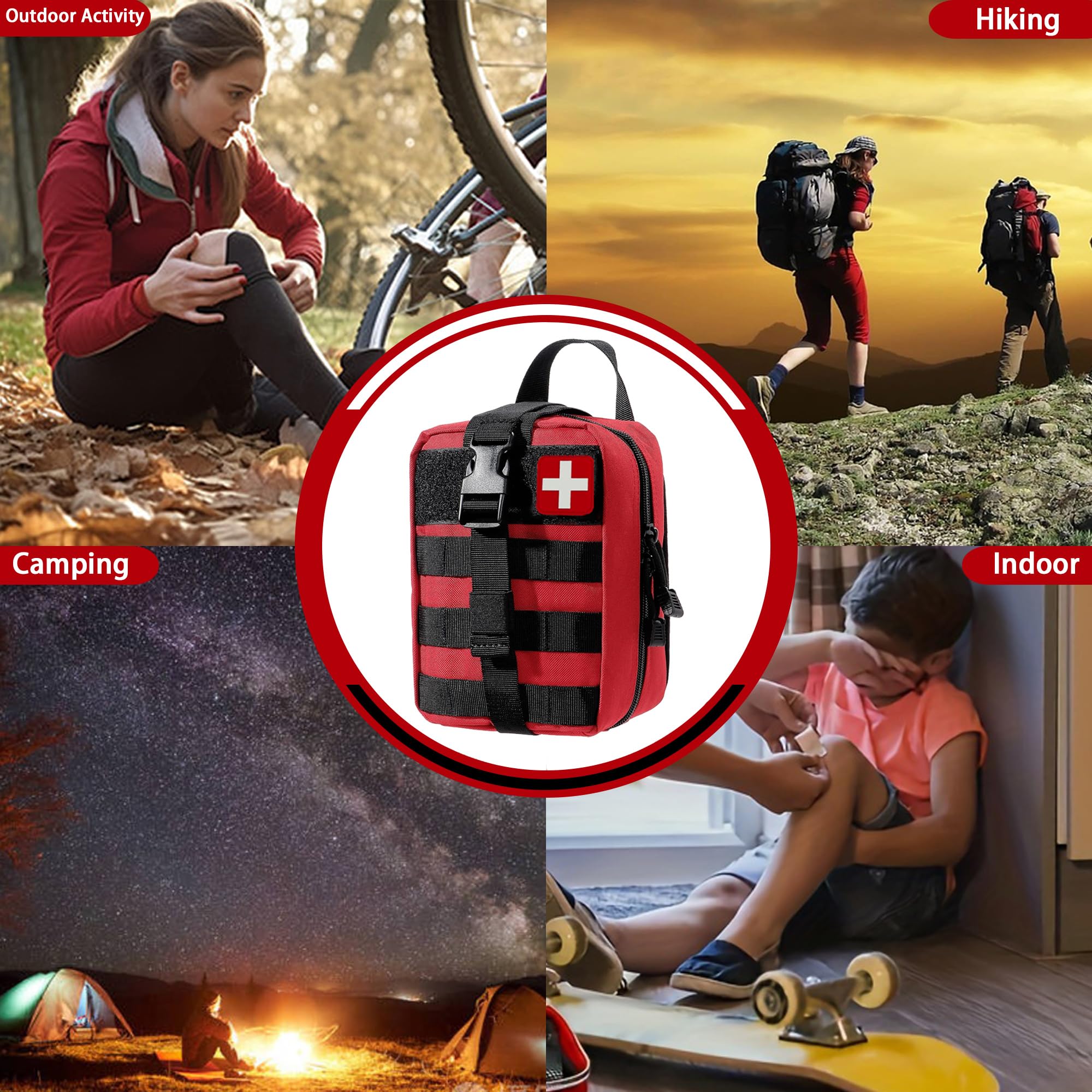 Juego de 293 bolsas Molle de primeros auxilios, kit de supervivencia de emergencia adecuado para actividades al aire libre, hogar, escuela, senderismo, viajes en coche y camping, artículos esenciales