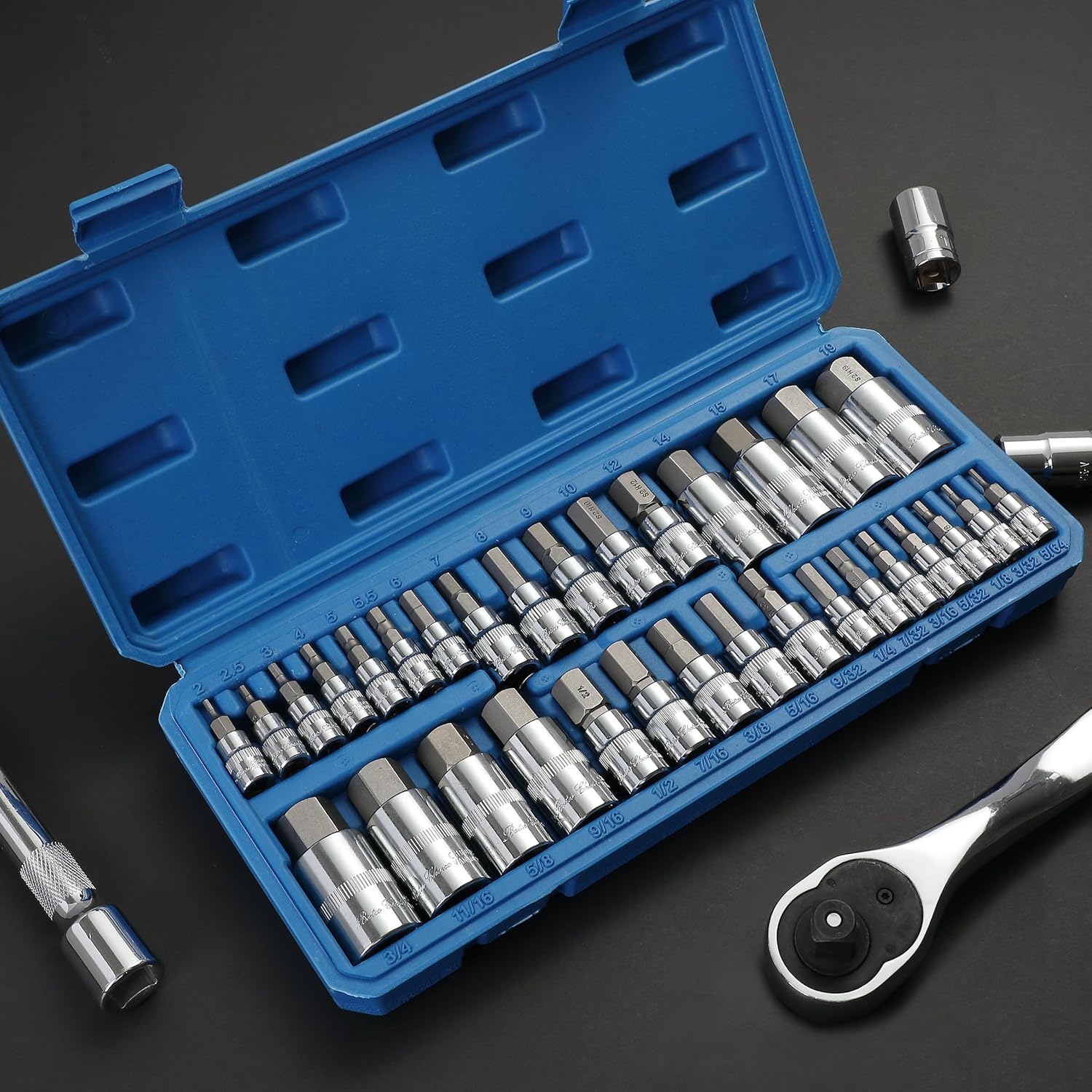 Bates Hex Bit Socket Set - 32 Piece, 1/4", 3/8", & 1/2" Drive, Allen & Metric Socket Set With Case