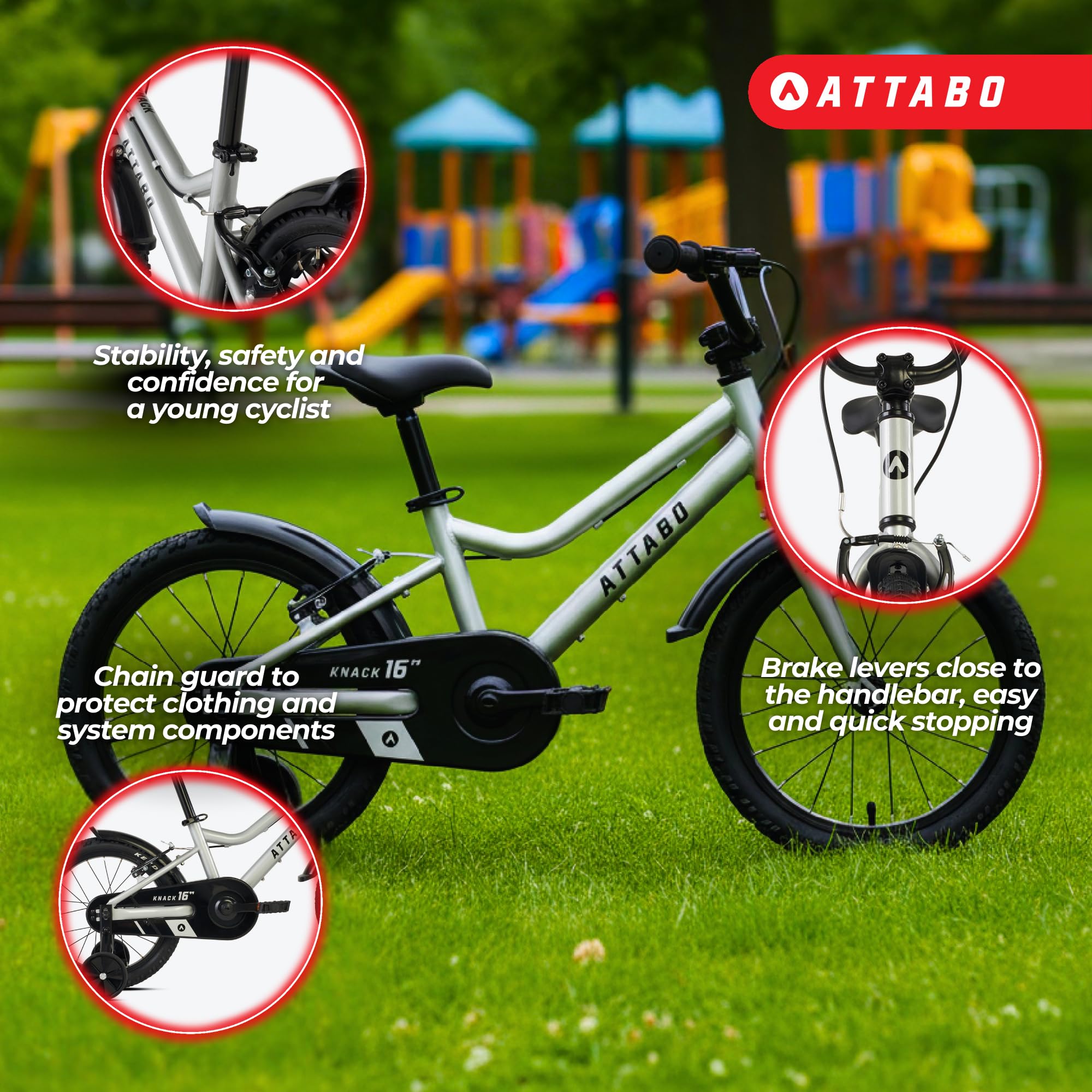 ATTABO Knack 16 - Bicicletta per bambini (5-7 anni) con telaio in alluminio leggero (9 kg), ruote da 16", per 110-120 cm, manubrio ergonomico, stabile e leggero, ideale per l'apprendimento in