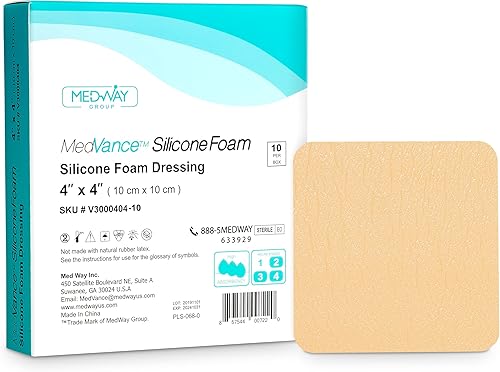 MedVance TM Silicone - Apósito absorbente de espuma adhesiva de silicona, caja de 5 apósitos (4 x 4 pulgadas), paquete de 10
