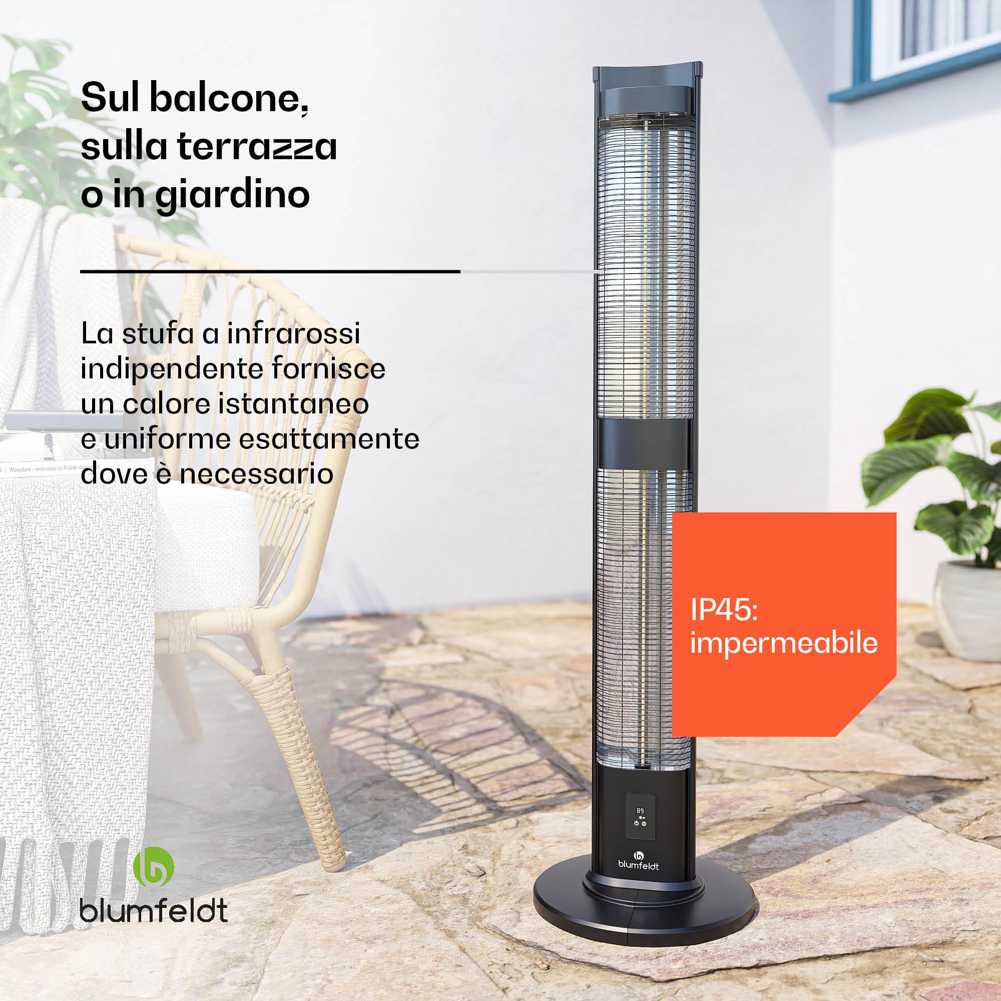 blumfeldt BlazeTower Riscaldamento a Infrarossi - 3000W, 3 Impostazioni di Calore, IP45, Protezione Antiribaltamento, Telecomando & Timer 24 Ore - Stufa da Esterno per Balcone & Giardino