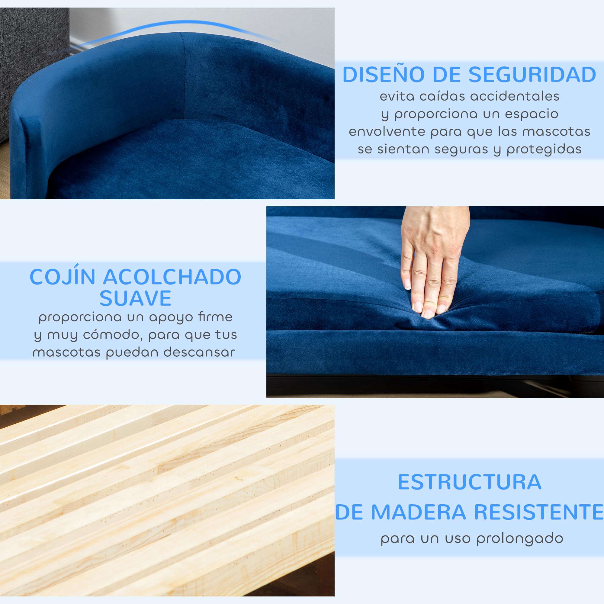 PawHut Sofá para Perros Pequeños, Cama para Perros Elevada con Patas de Madera, Cojín Desmontable y Funda Lavable, Carga 10 kg, 86x55x33 cm, Azul