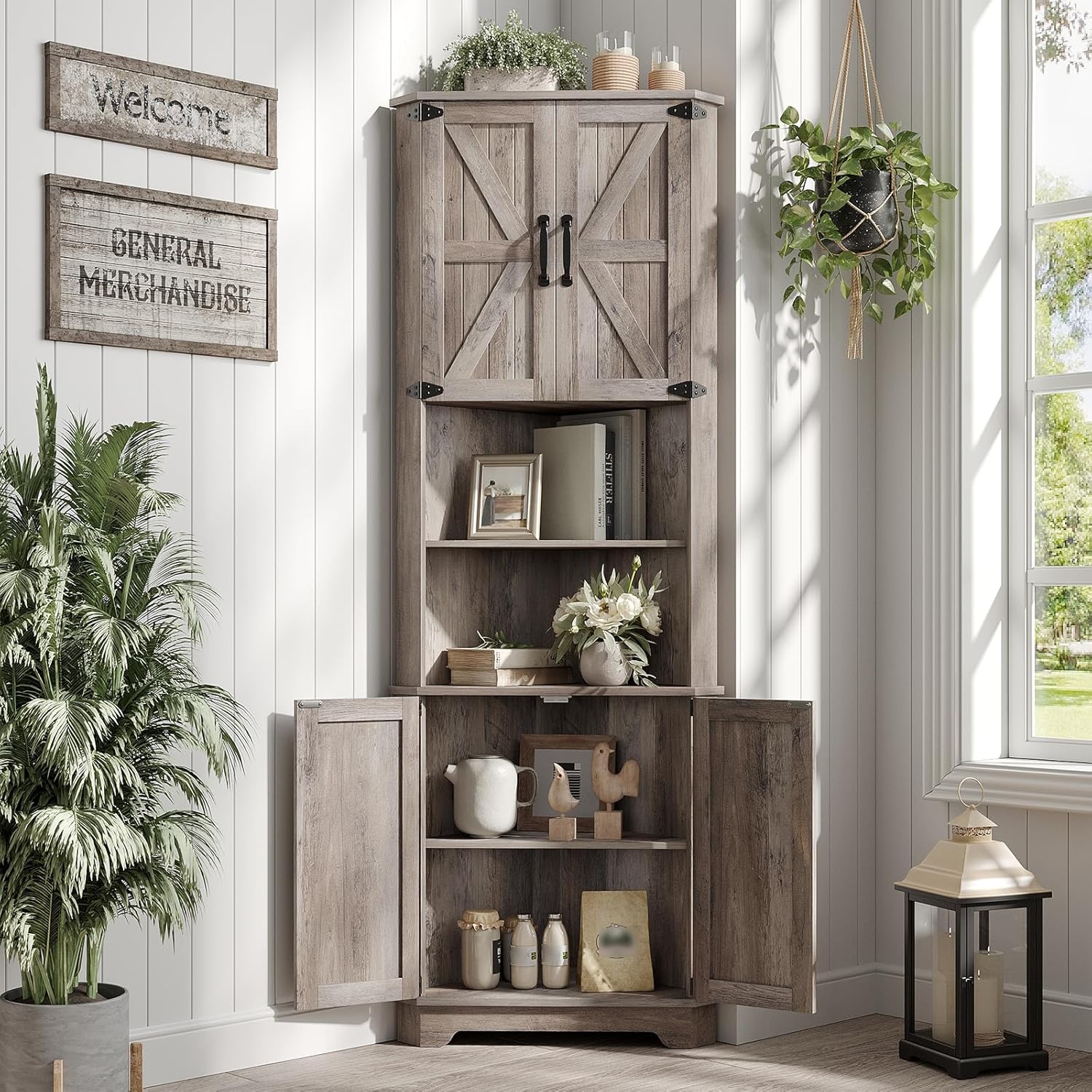 Vabches 68.9" Tall Corner Cabinet, Farmhouse Style Storage Cabinet with Adjustable Shelve, Barn Door Design, Home Space Saver for Kitchen,Bathroom, Living Room, Dining Room (Grey)