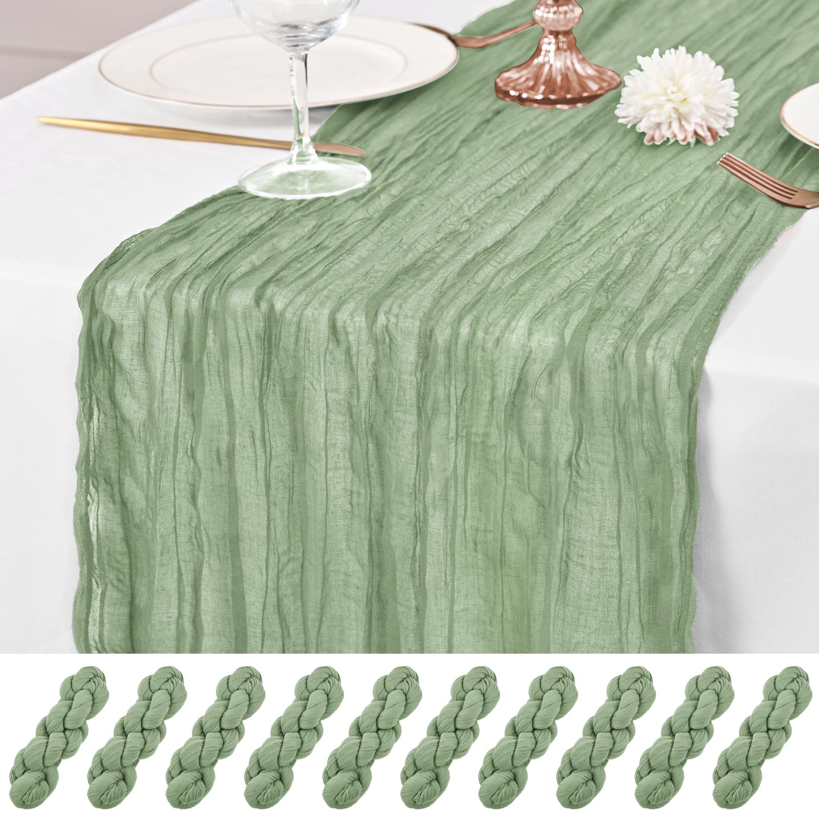 10 Pcs Sage Green Table Runner 10Ft Cheesecloth Table Runner 21x120 inch Rustic Gauze Table Runners Romantic Long Sheer Fabric Cheese Cloth Table Runners for Wedding Party Bridal Baby Shower