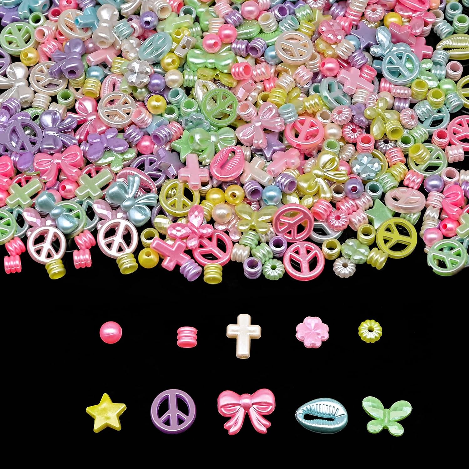 Candy Acrylic Beads for Bracelet Making kit, 200g+ 10-Style, Assorted Kandi Pony Kawaii Charms Beads DIY Craft Supplies for Jewelry Keychain Necklaces(Mixed I Pearlescent, 620+Pcs, 0.45lb.)