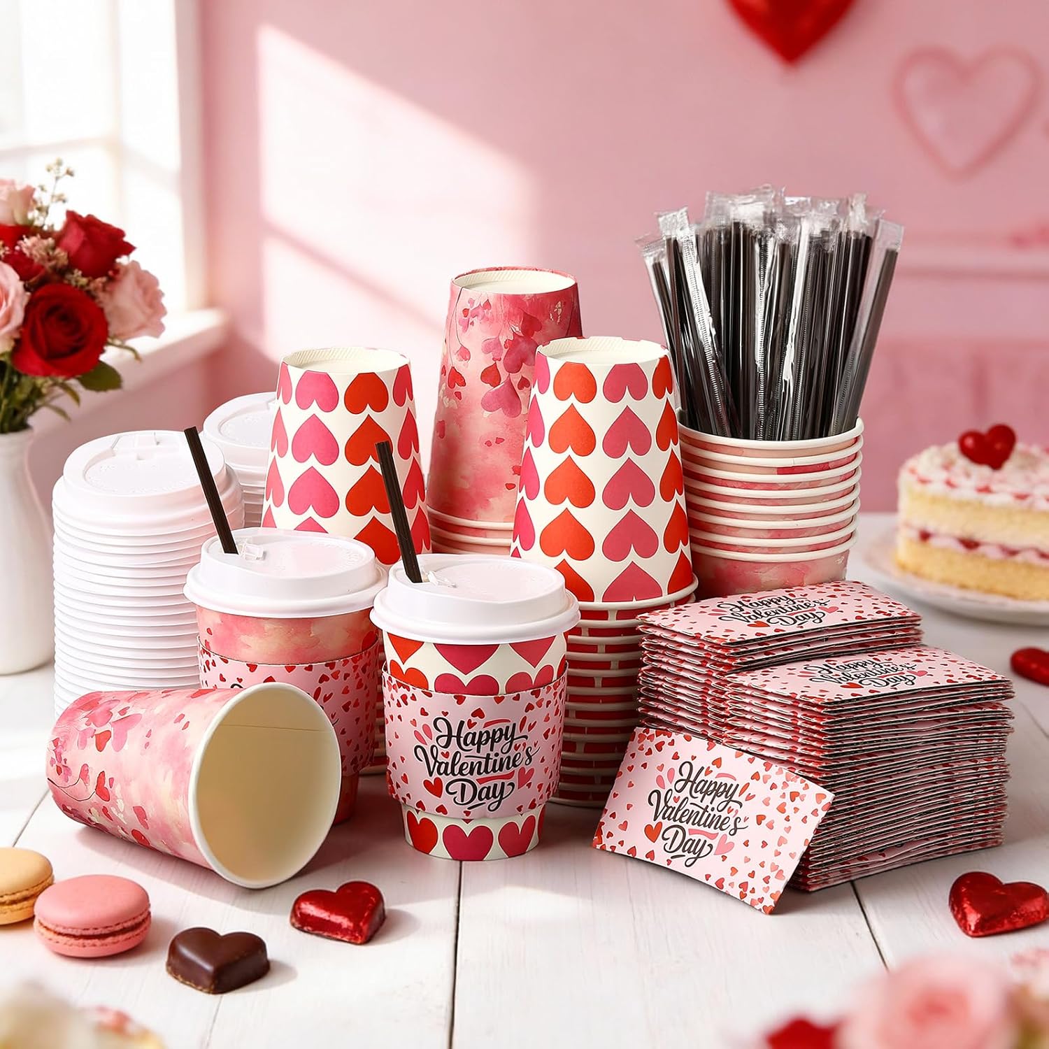 Tanlade 50 Sets Valentine's Day Disposable Coffee Cups with Lids and Sleeves, Straws 12 oz Love Heart Paper Cups for Hot Cocoa Tea Beverage Valentine's Party Supplies (Stylish Style)