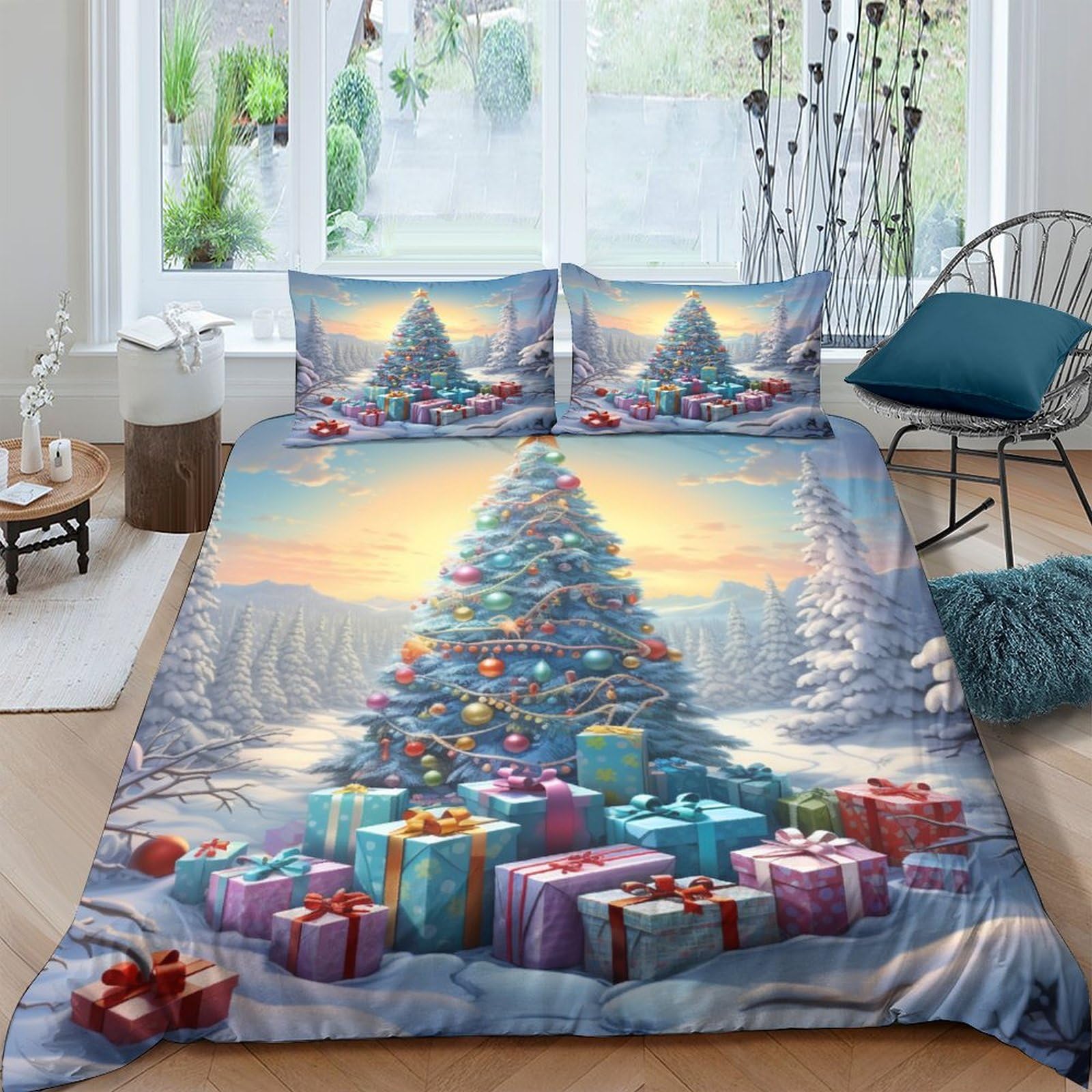 Christmas Tree 3Pcs Bedding Set Printed Quilt Cover,3D Duvet Cover for Boys Adult, Microfibre, with Pillowcases Easy Care Microfiber Comforter Cover Hidden Zipper Double（200x200cm）