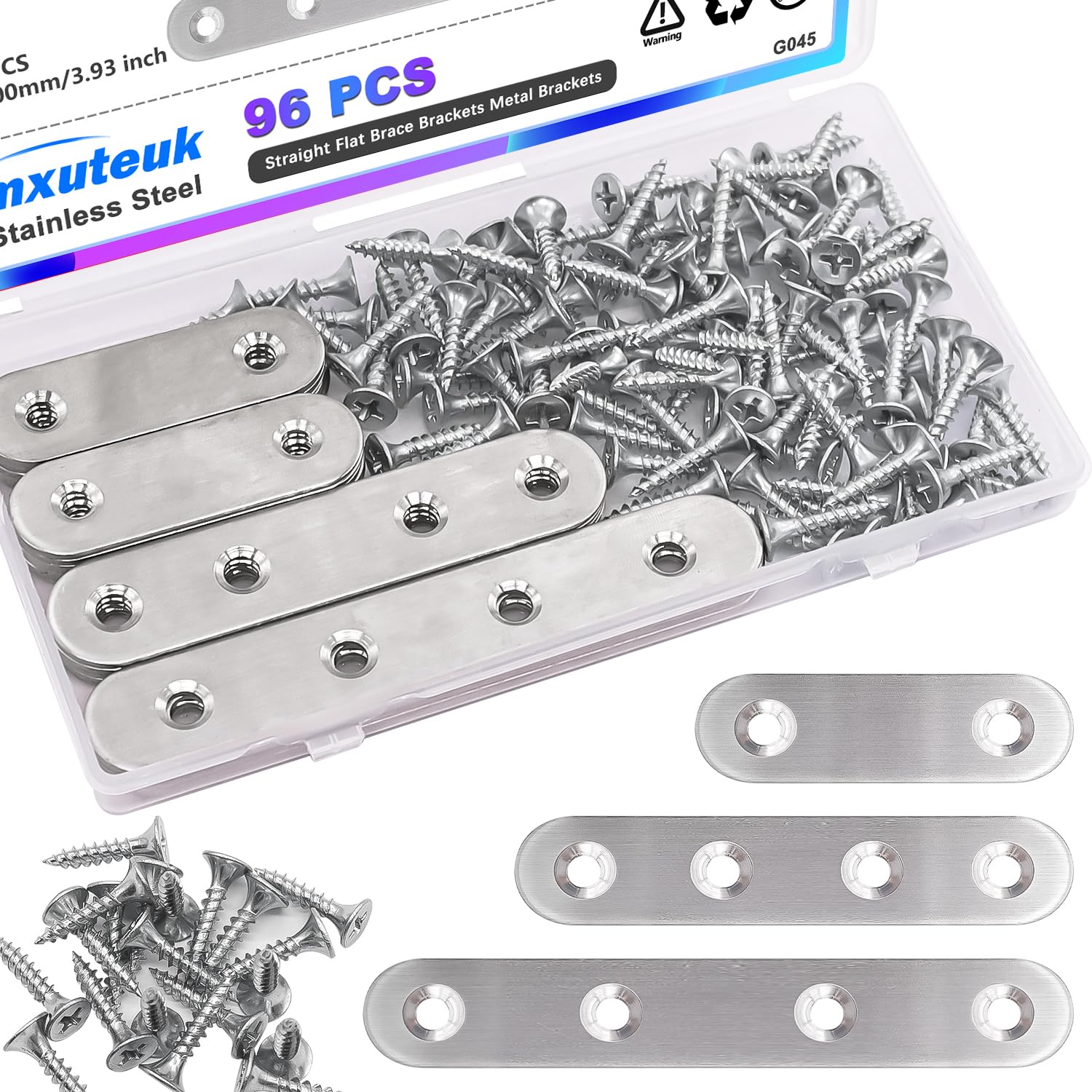 mxuteuk 96PCS Stainless Steel Straight Flat Brackets,Metal Bracket,Mending Plate,Metal Brackets for Wood (50mm/80mm/100mm)