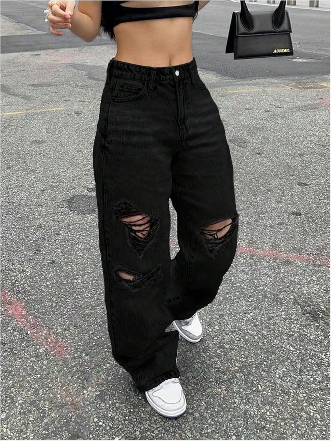 SHENHE Women's Ripped Jeans Y2K High Waisted Wide Leg Distressed Boyfriend Denim Pants