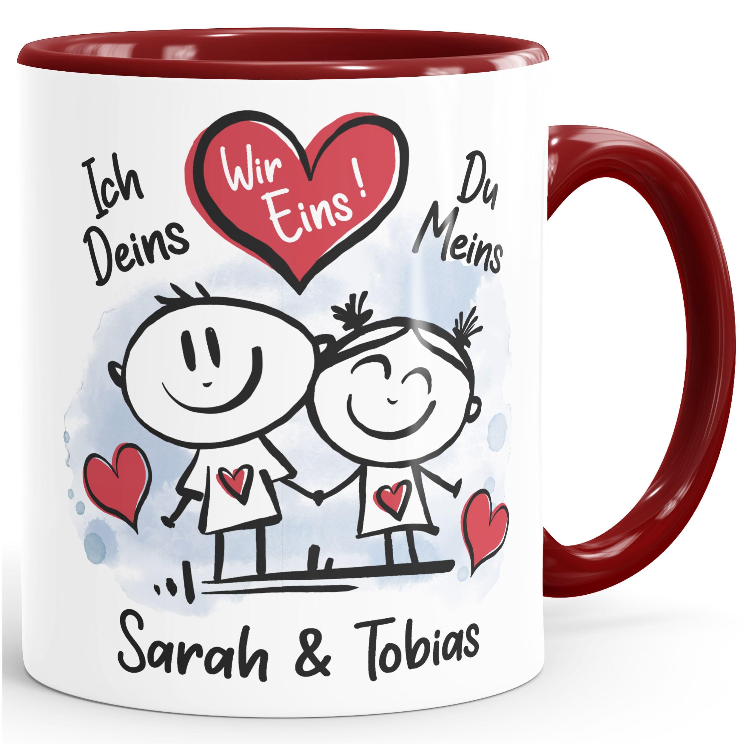 SpecialMe® Kaffeetasse Personalisiert Mit Namen & Herz – Weiß Mit Bordeauxrotem Innenrand – Geschenk Für Paare
