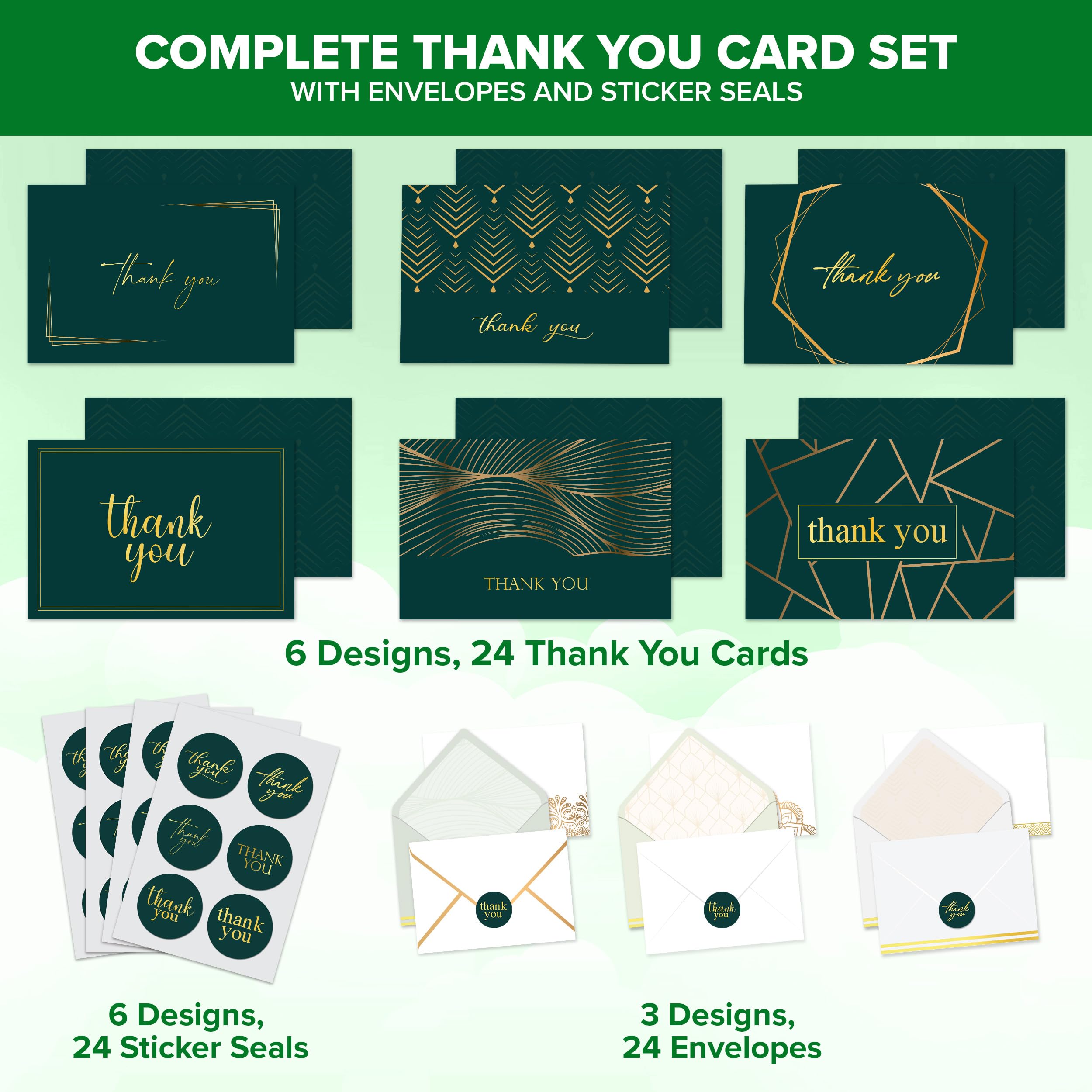 Decorably 24 Pack Gold-Foiled 6x4in Green Thank You Cards with Envelopes and Stickers - Image 2