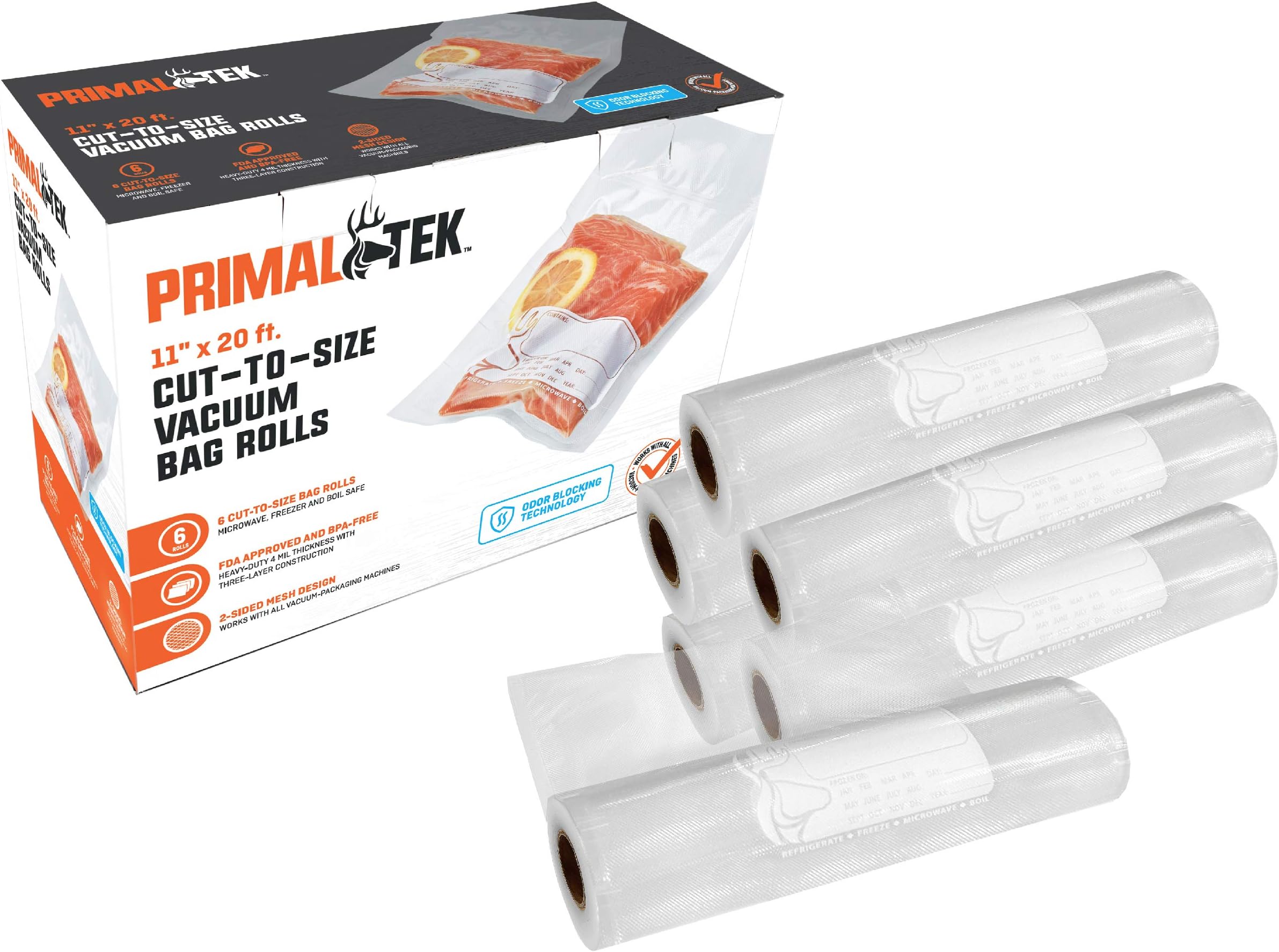 11” x 20’ Cut-to-Size Vacuum Bag Rolls — 6 Rolls Included, User Friendly for Food Preservation — Microwave, Freezer and Boil Safe, BPA-Free, Compatible with Most Vacuum Sealer Machines