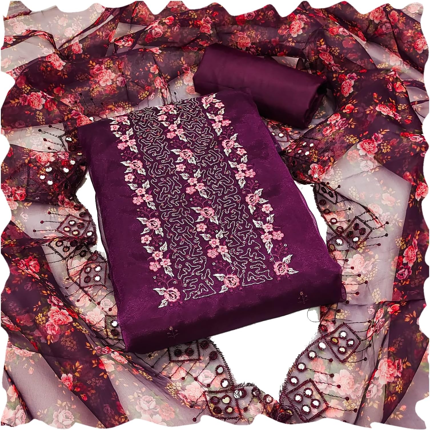 Women Organza Silk embroidery Work Unstitched Salwar Suit set Dress Material With Floral digital print Dupatta Free Size